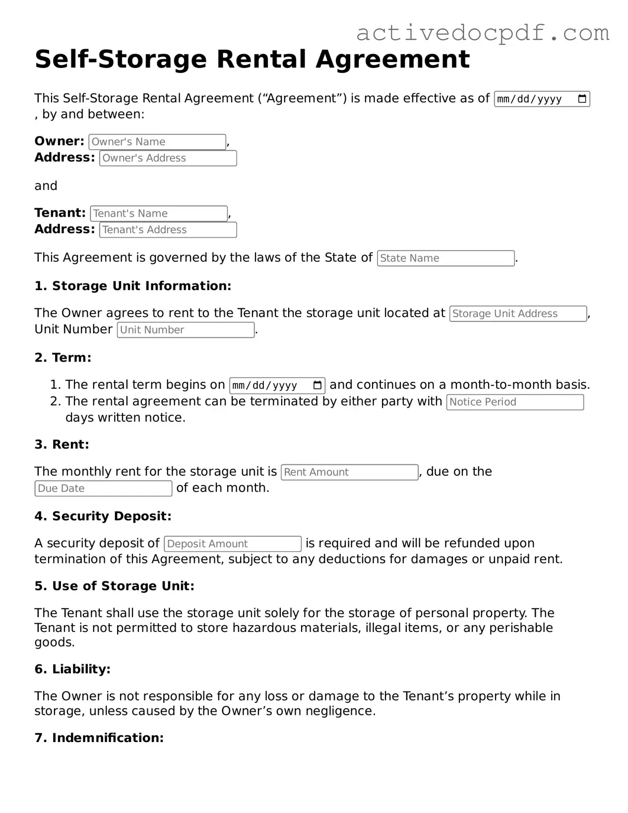 Legal Self-Storage Rental Agreement Template