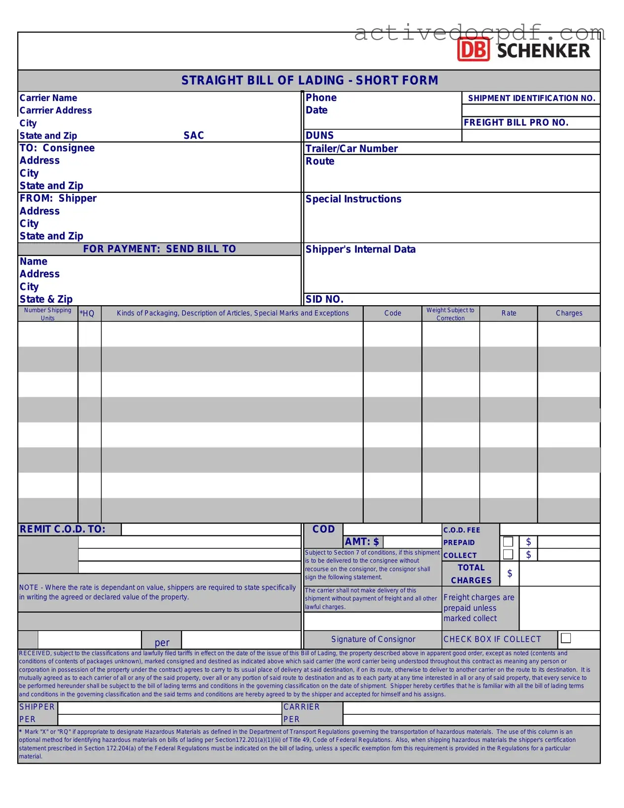 Free Straight Bill Of Lading PDF Form