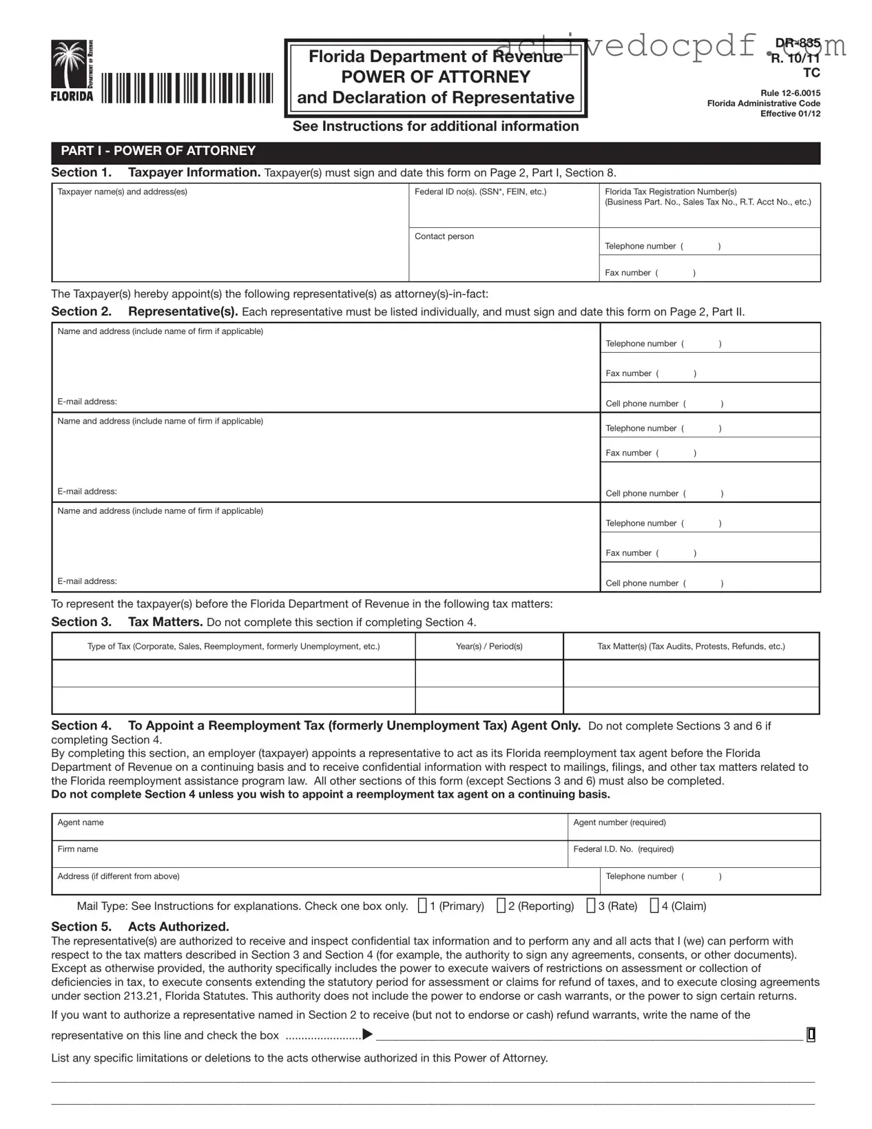 Free Tax POA dr 835 PDF Form