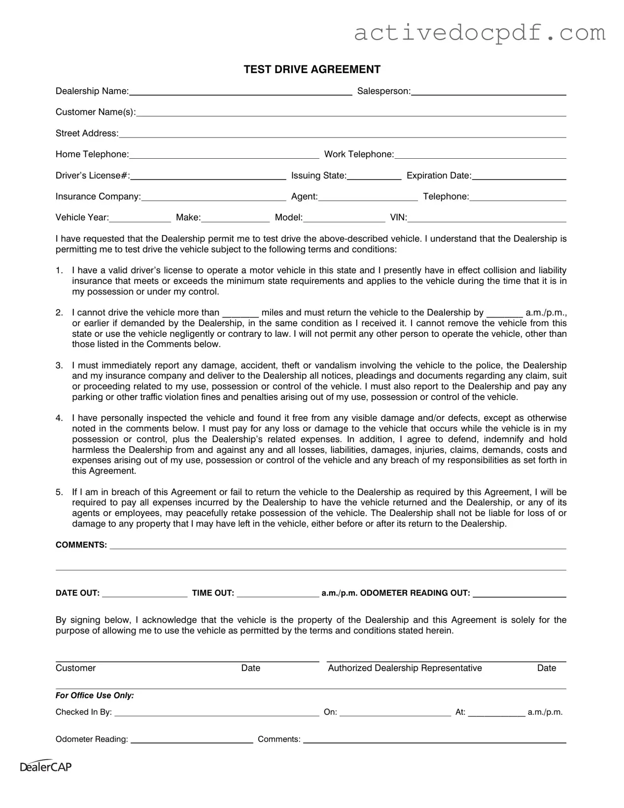Free Test Drive PDF Form