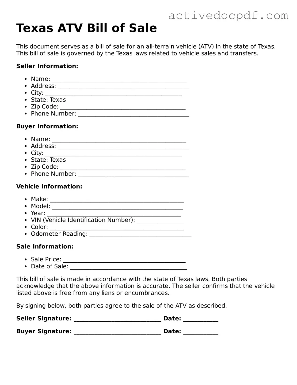Legal ATV Bill of Sale Document for Texas State