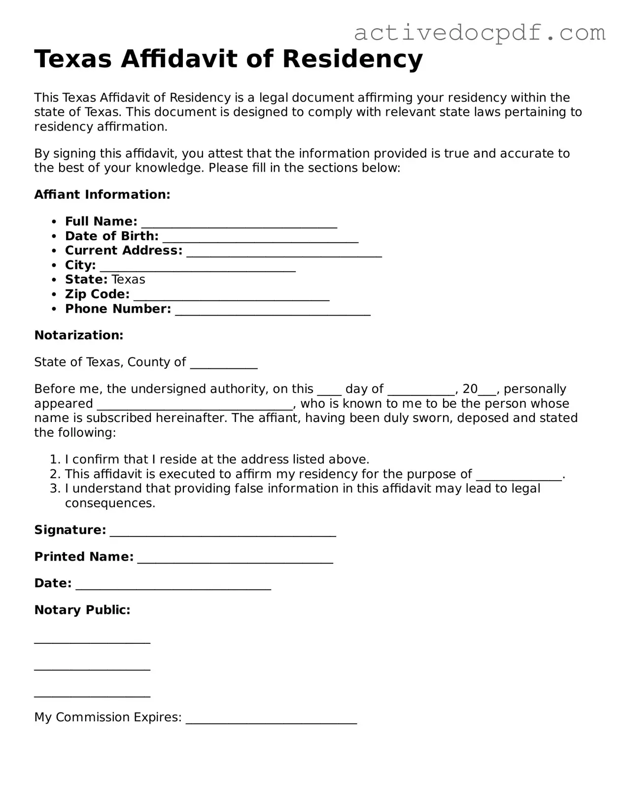 Legal Affidavit of Residency Document for Texas State