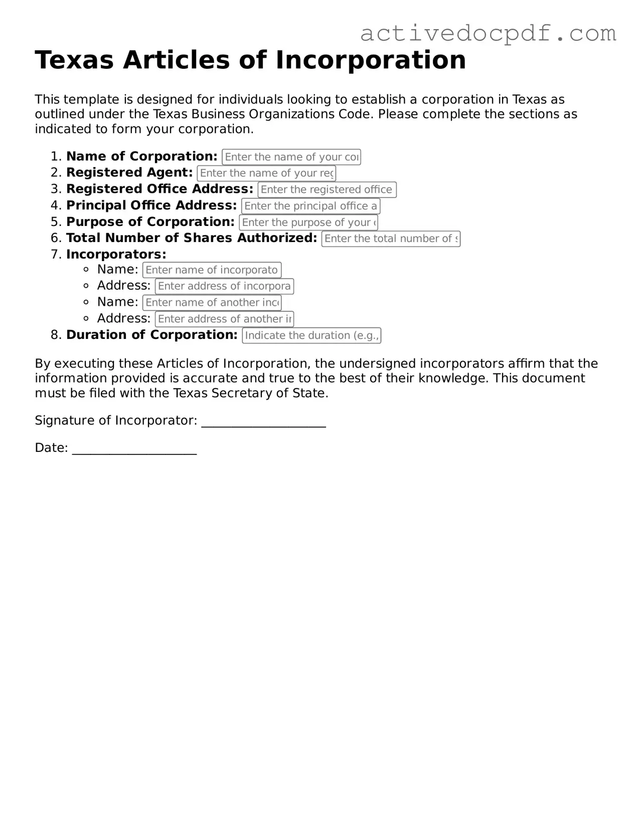 Legal Articles of Incorporation Document for Texas State