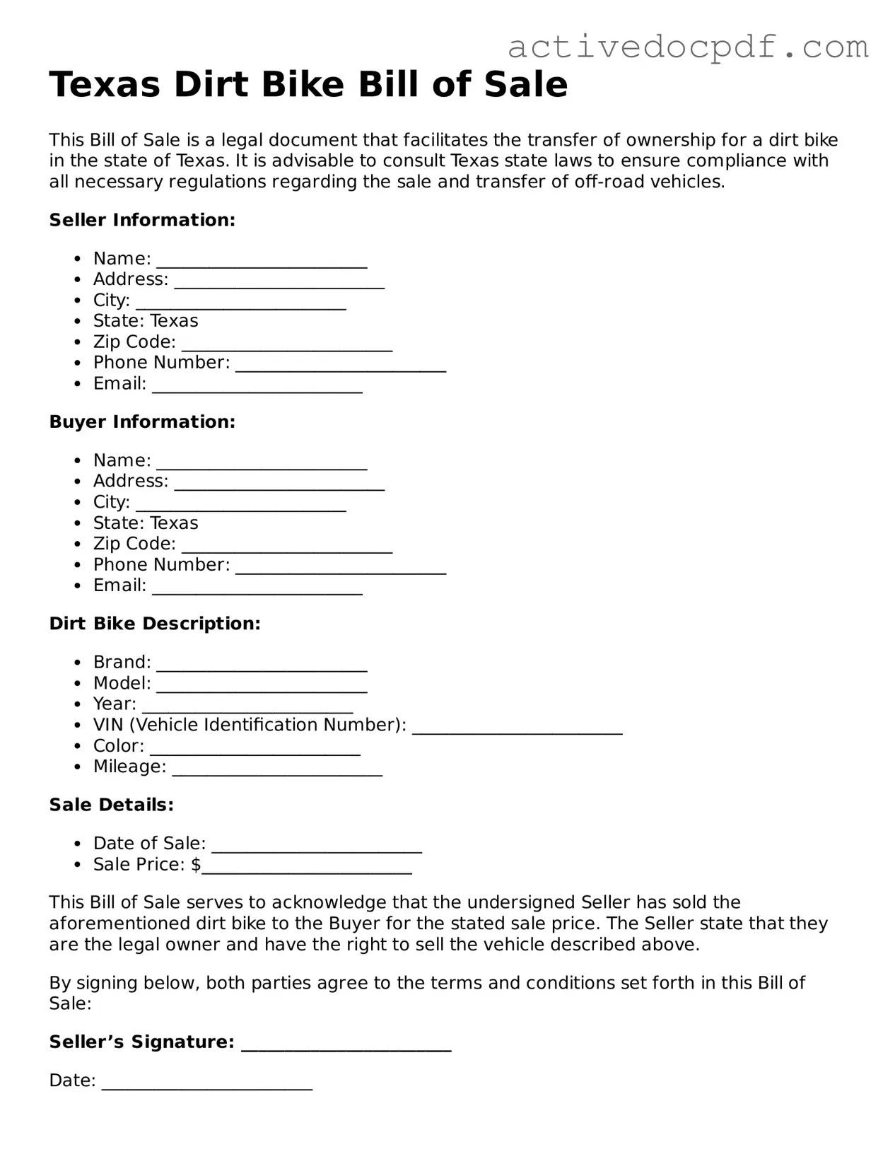Legal Dirt Bike Bill of Sale Document for Texas State
