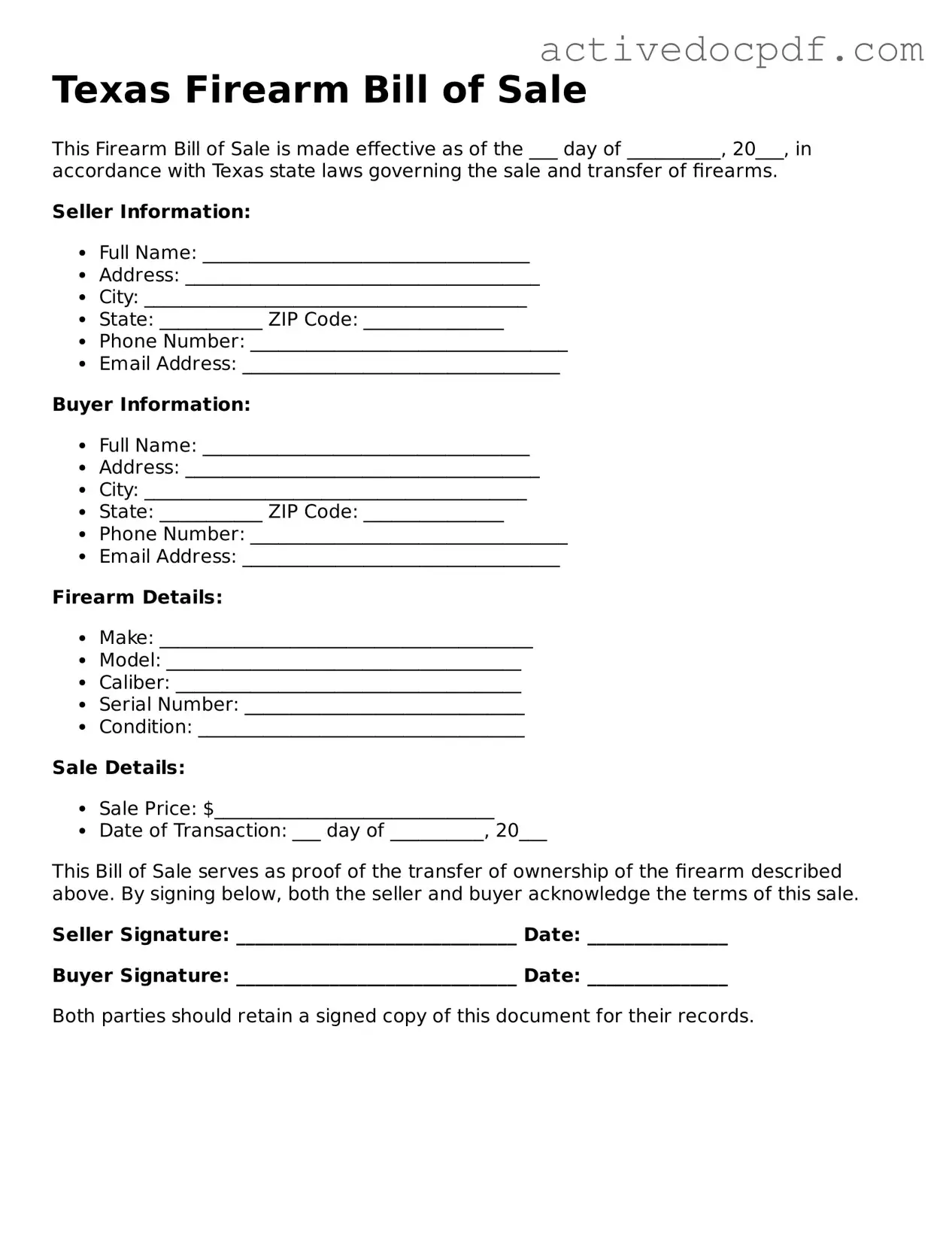 Legal Firearm Bill of Sale Document for Texas State
