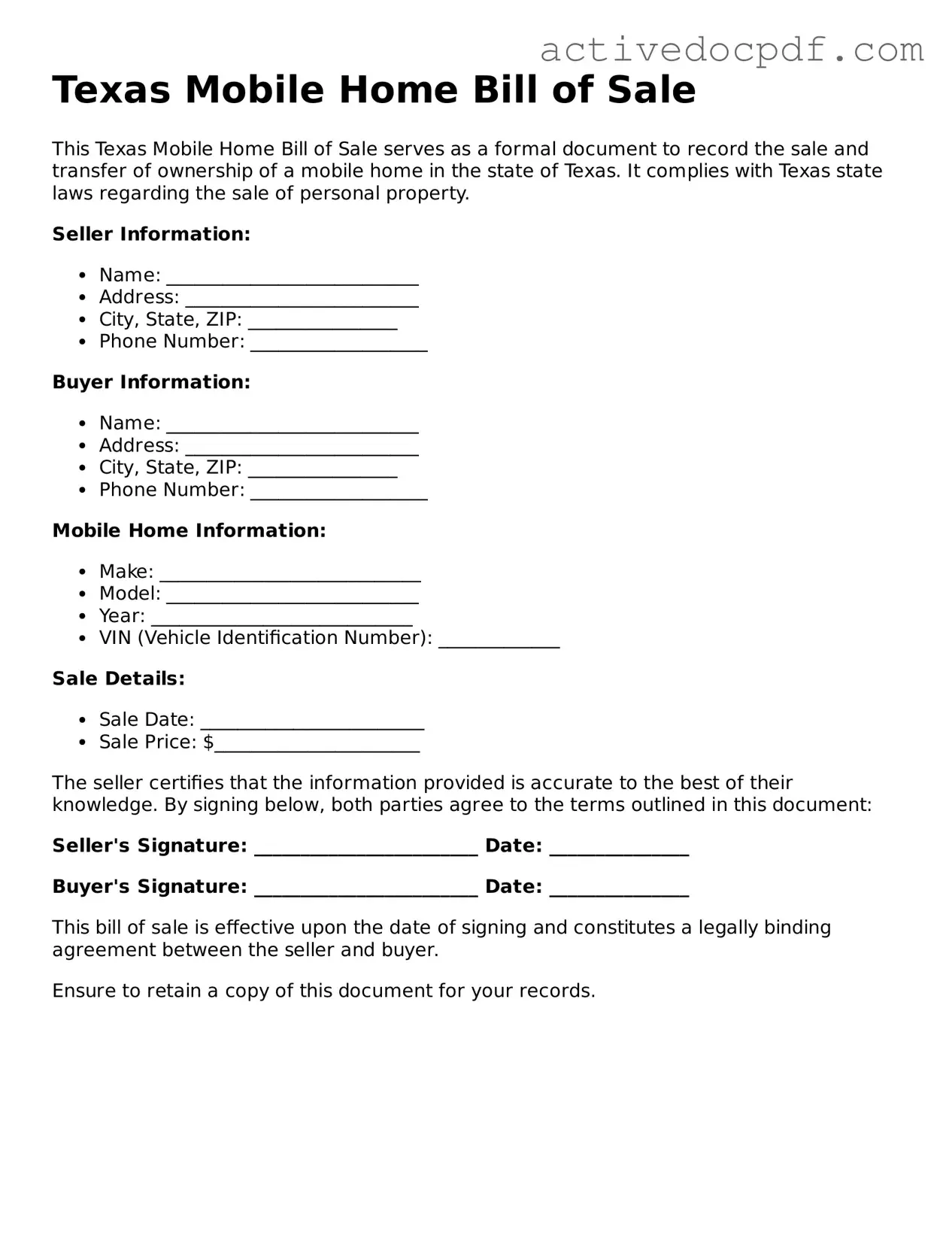 Legal Mobile Home Bill of Sale Document for Texas State