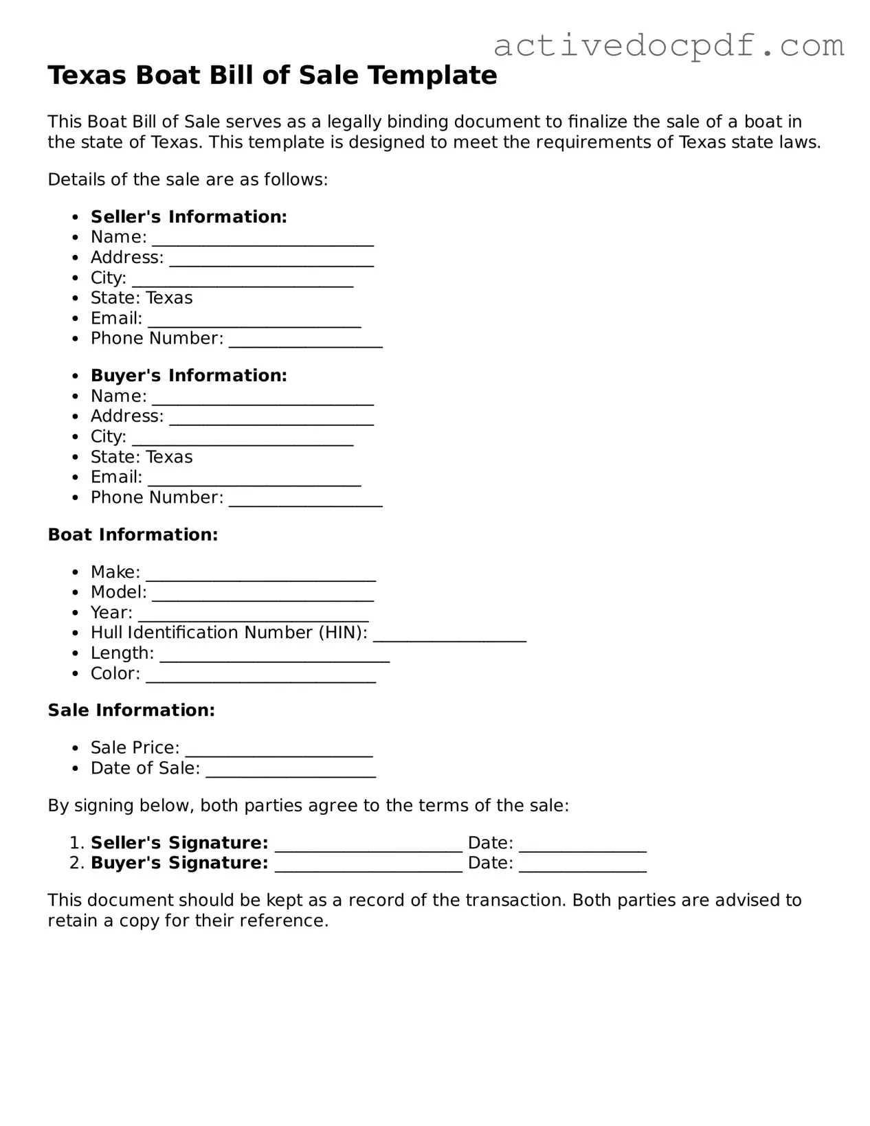 Legal Boat Bill of Sale Document for Texas State