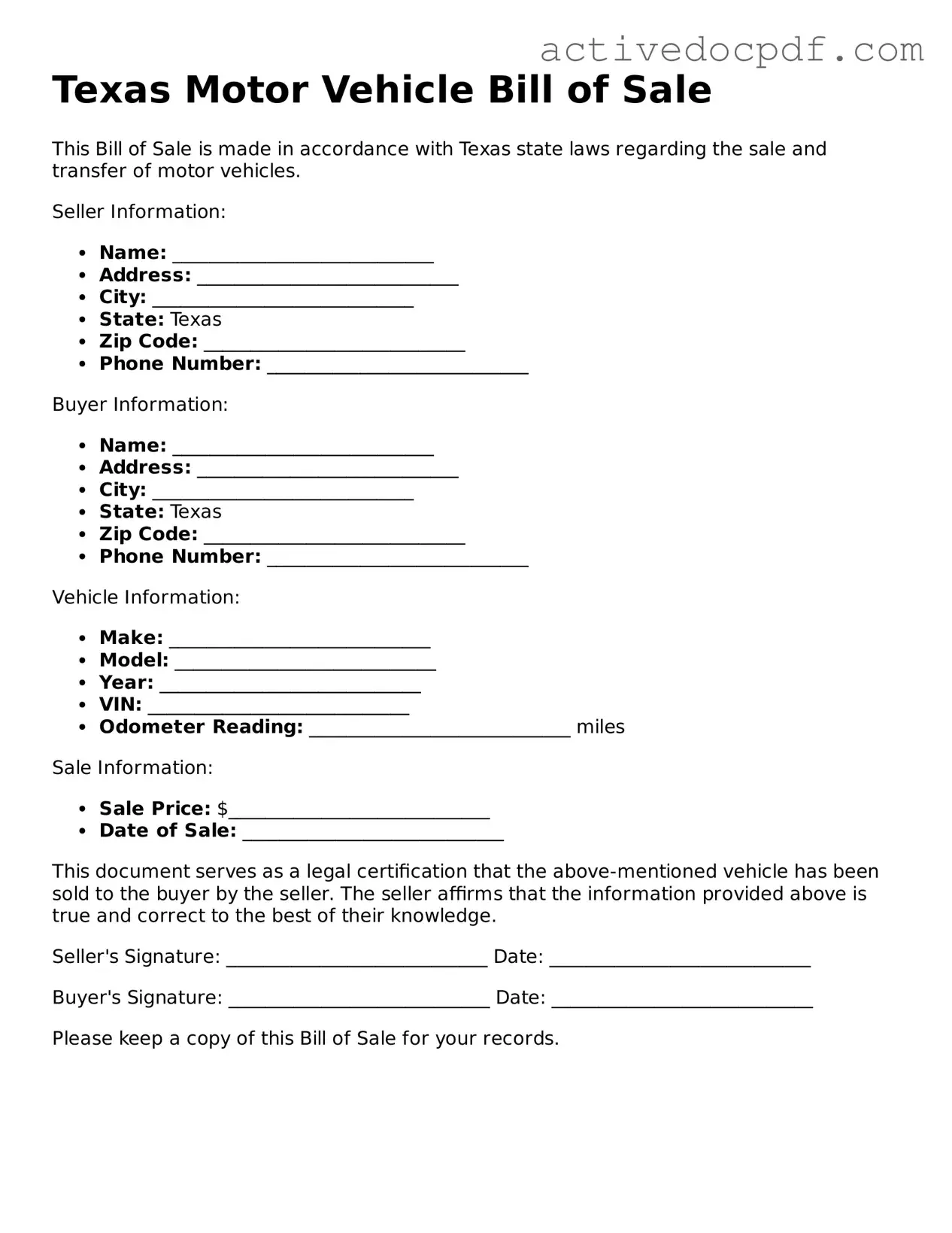 Legal Motor Vehicle Bill of Sale Document for Texas State