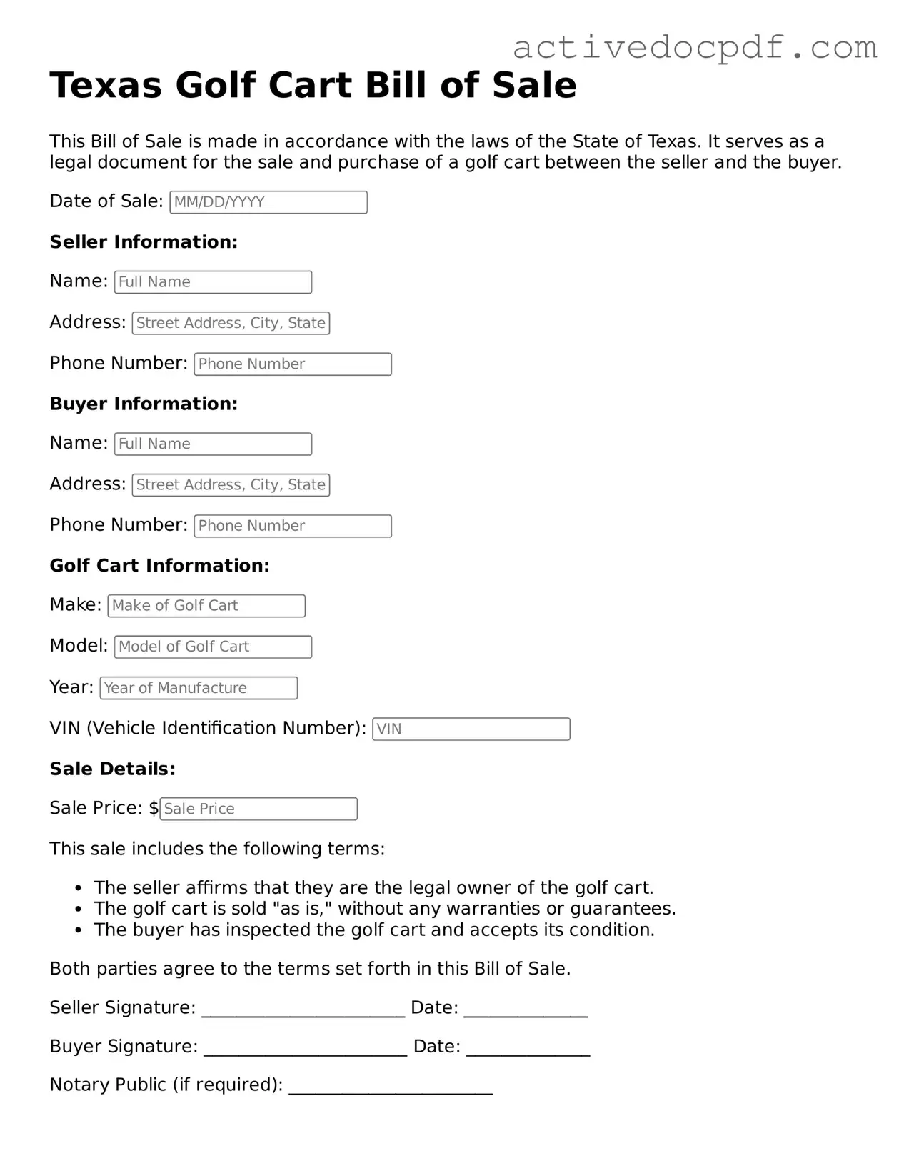 Legal Golf Cart Bill of Sale Document for Texas State