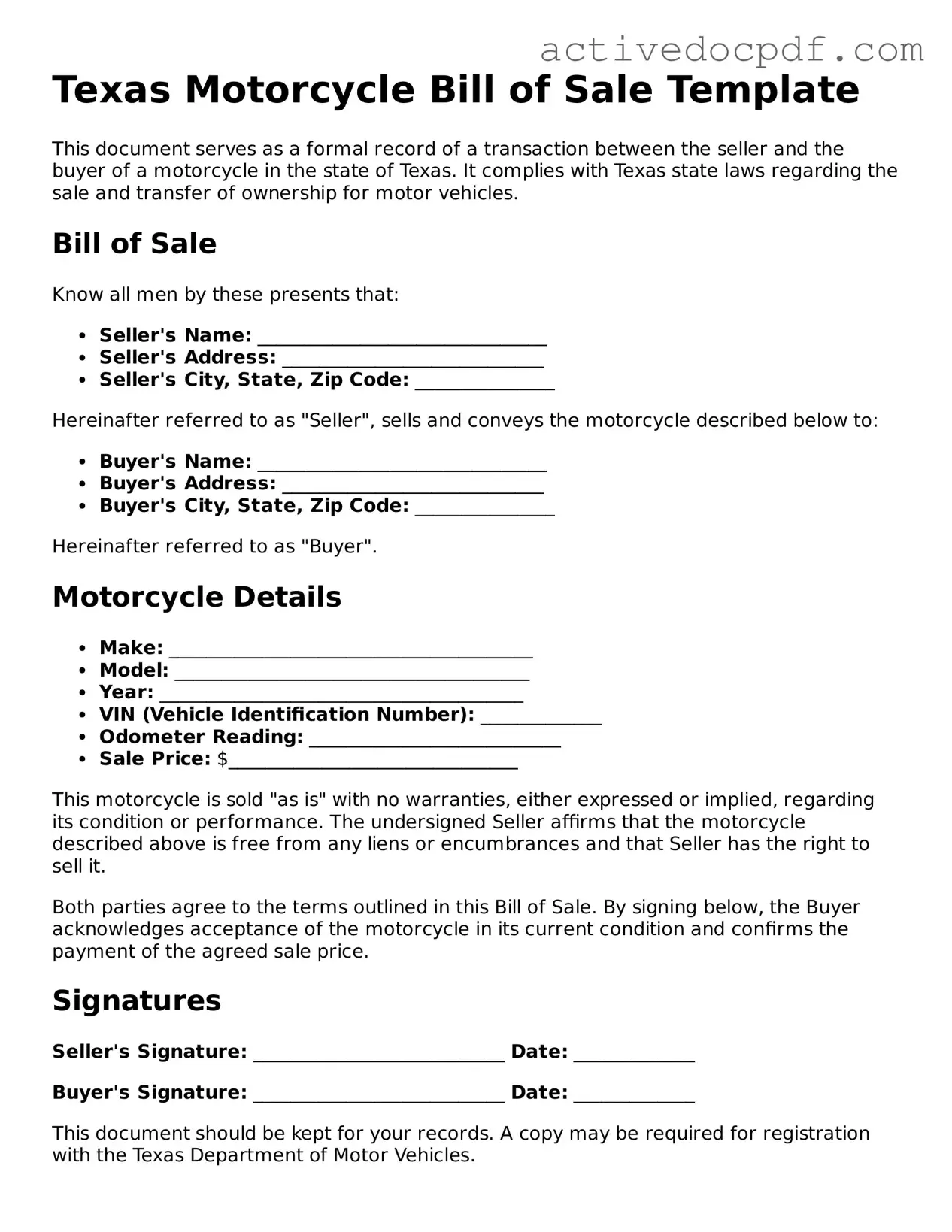 Legal Motorcycle Bill of Sale Document for Texas State