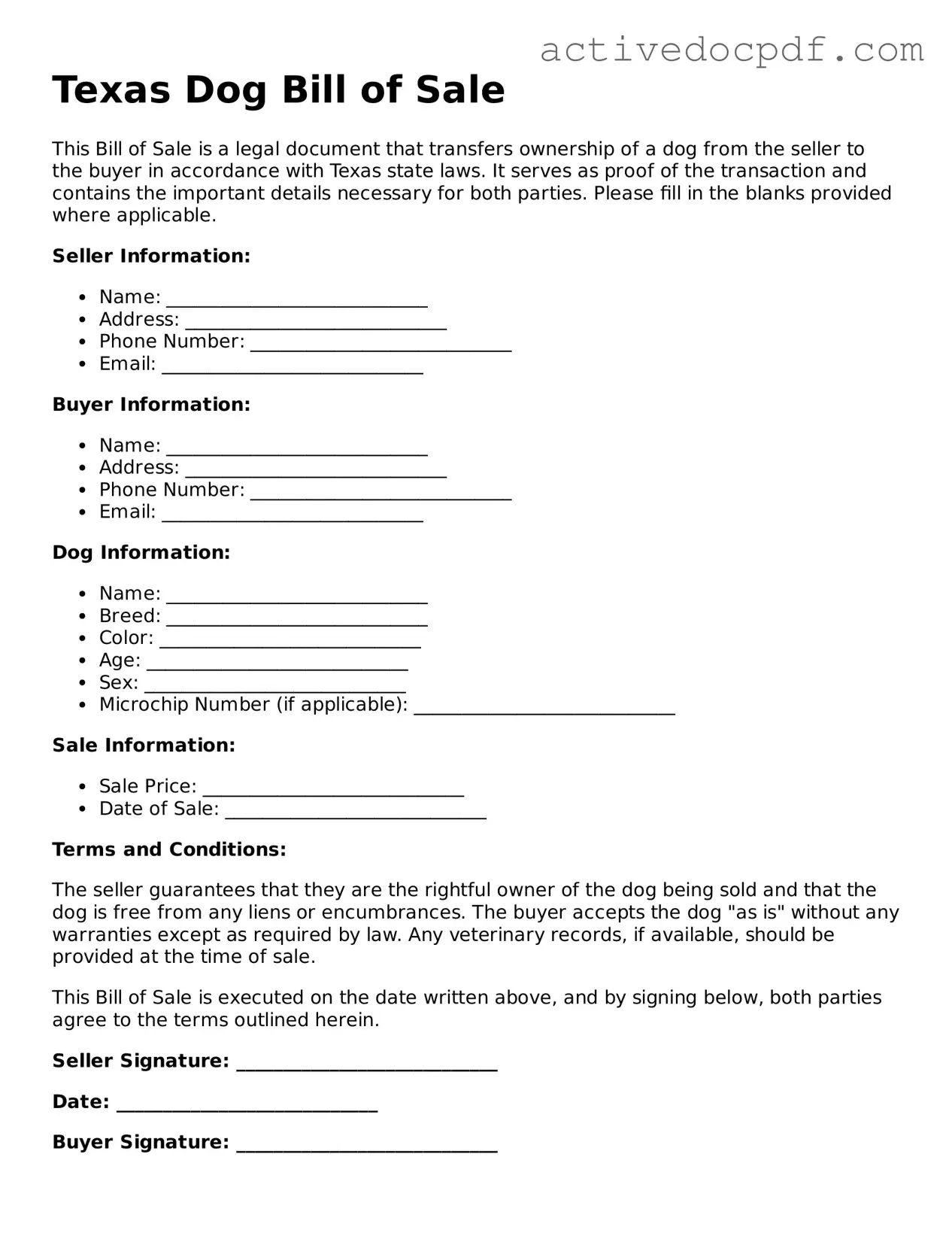 Legal Dog Bill of Sale Document for Texas State