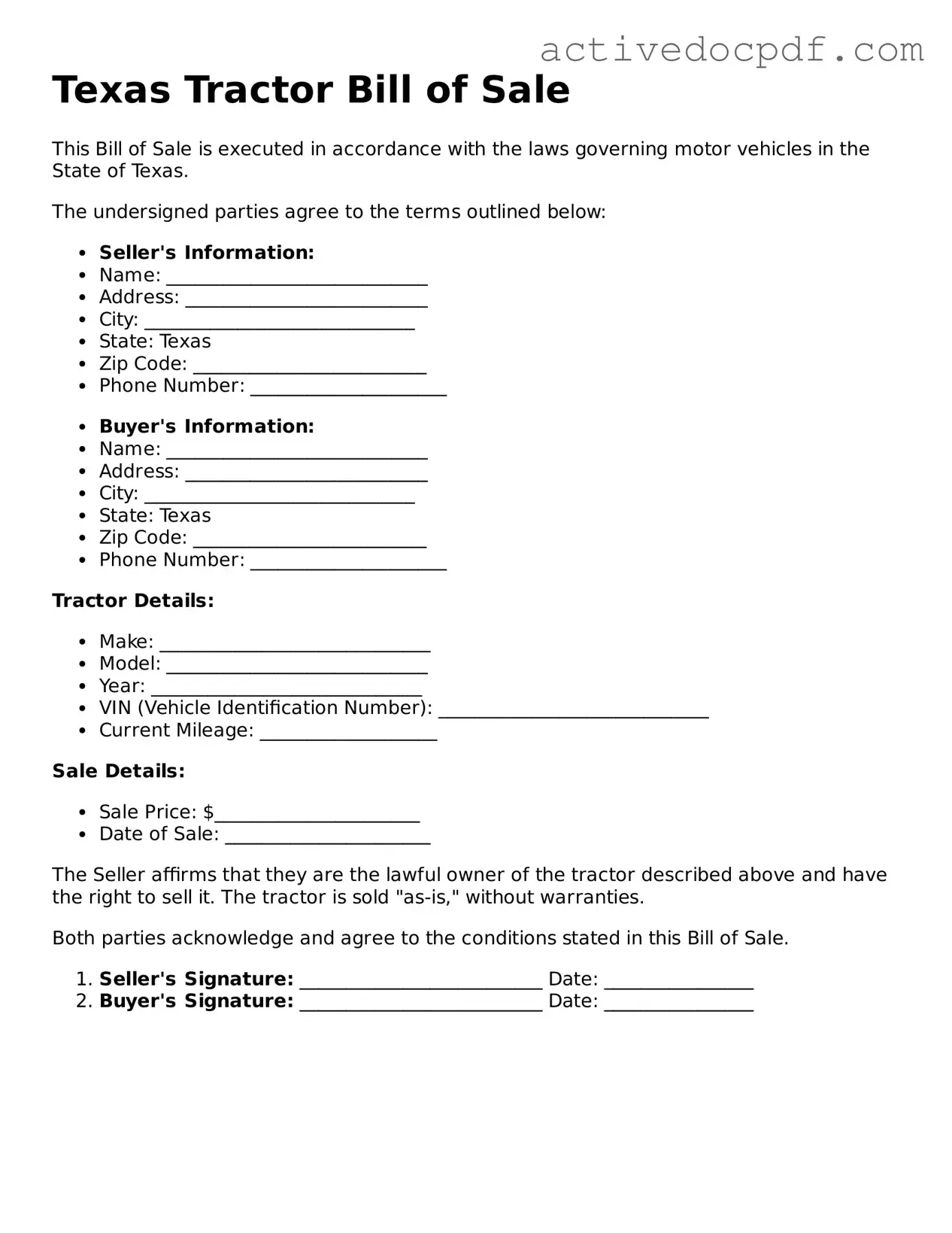 Legal Tractor Bill of Sale Document for Texas State