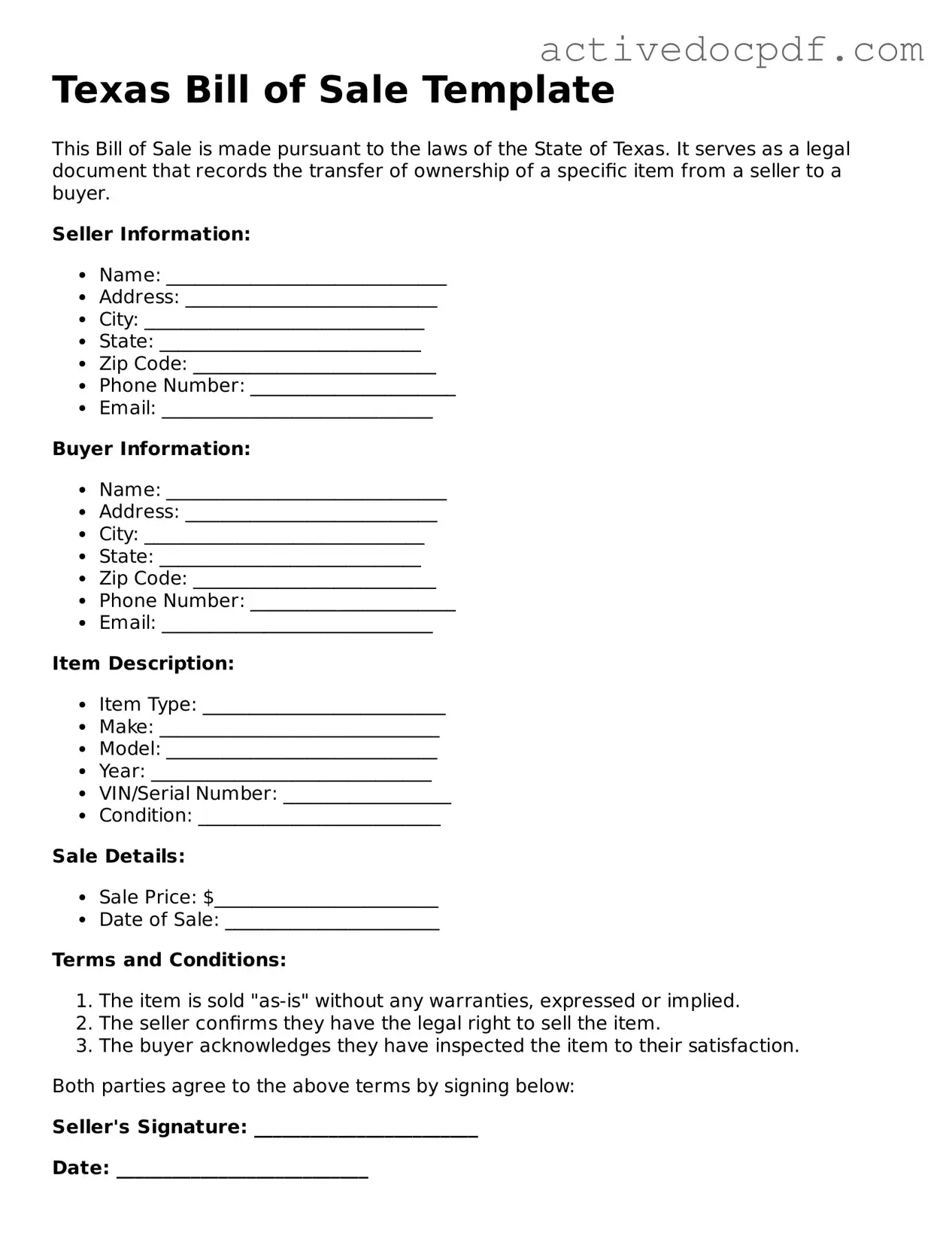 Legal Bill of Sale Document for Texas State
