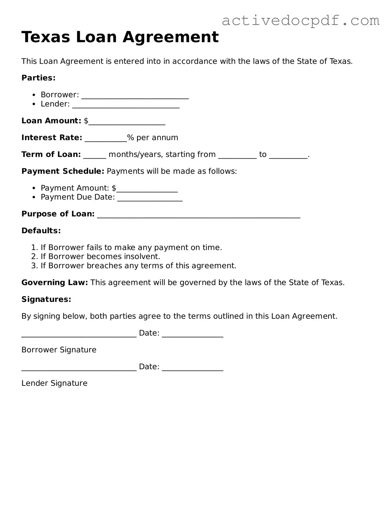 Legal Loan Agreement Document for Texas State
