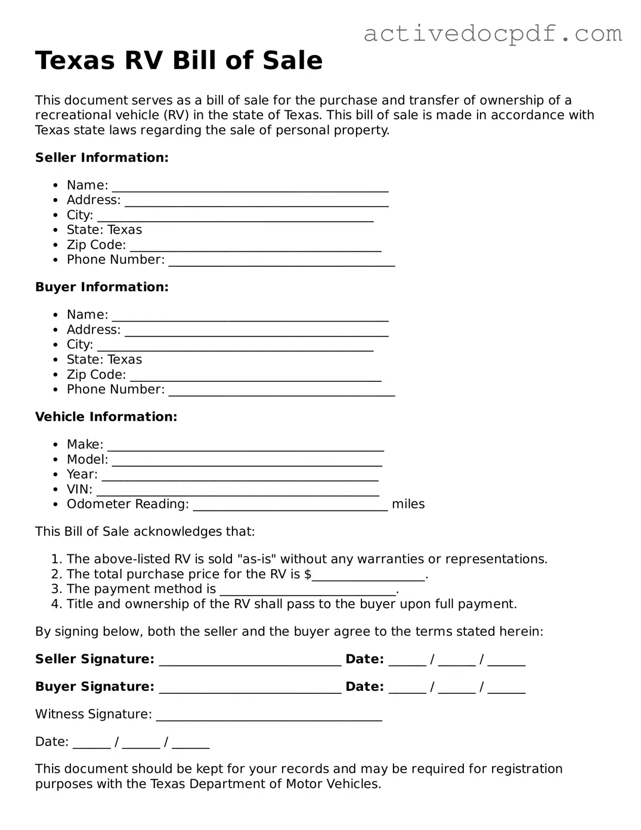 Legal RV Bill of Sale Document for Texas State