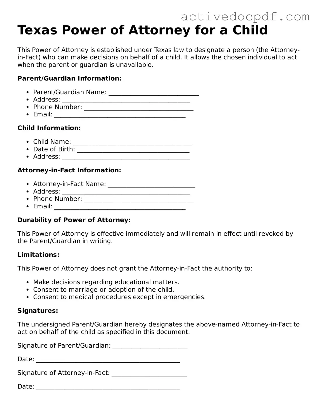 Legal Power of Attorney for a Child Document for Texas State