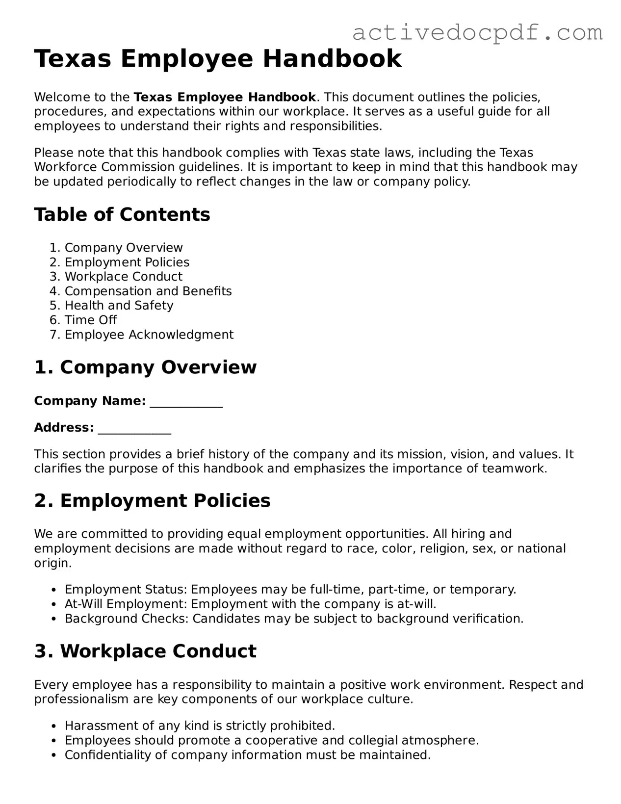 Legal Employee Handbook Document for Texas State