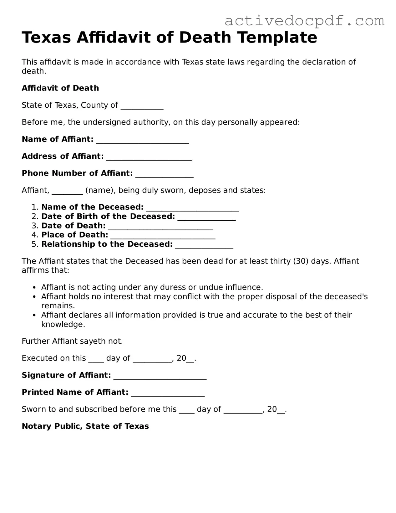 Legal Affidavit of Death Document for Texas State