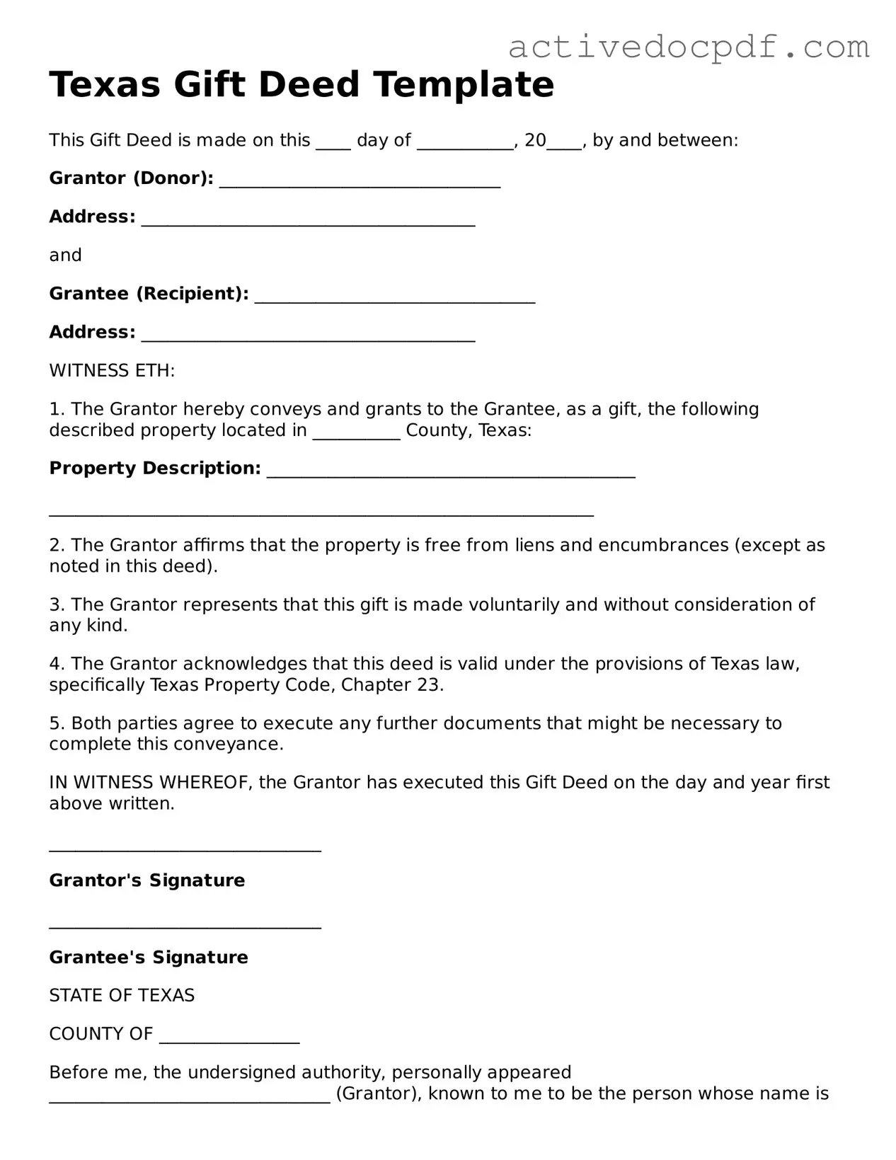 Legal Gift Deed Document for Texas State