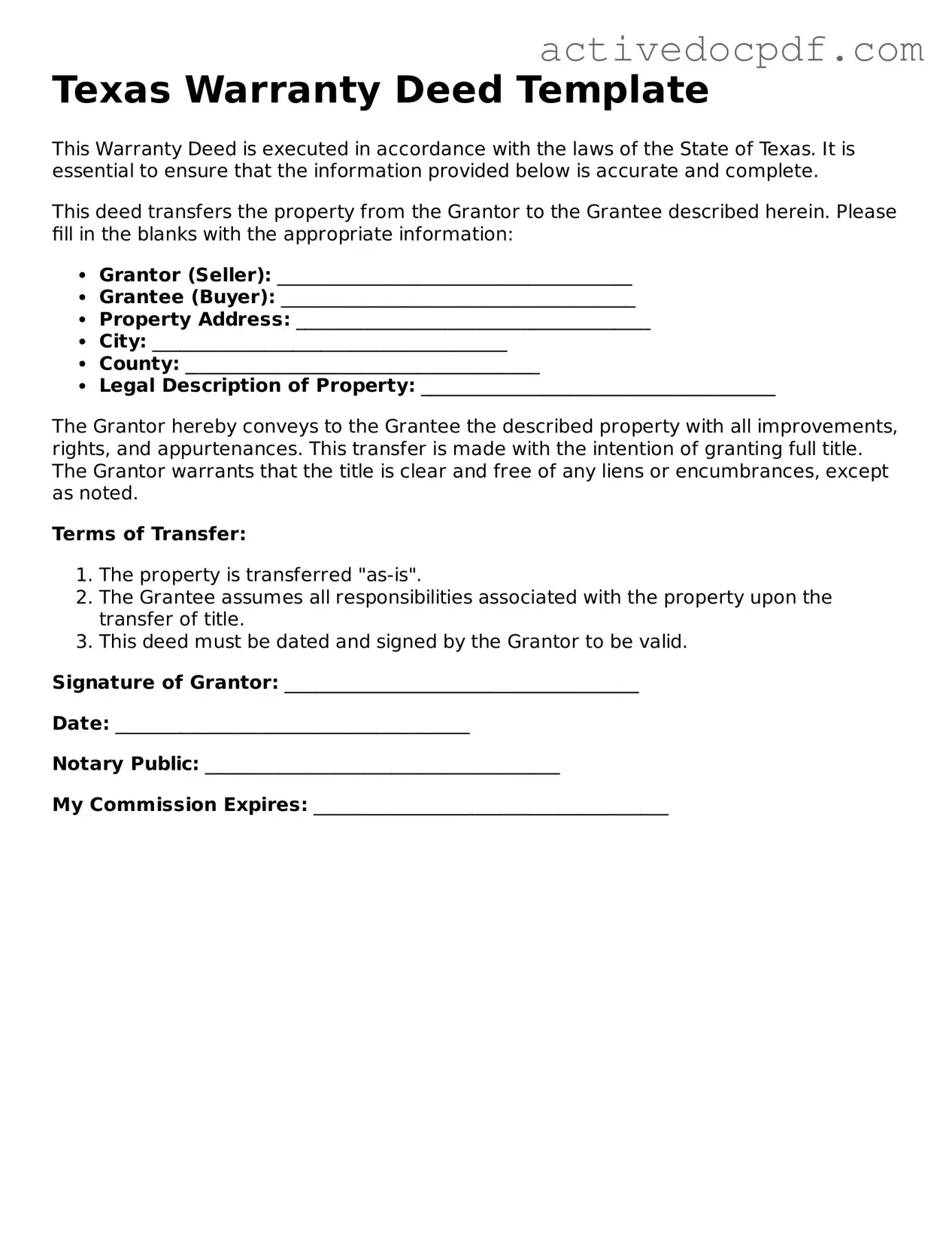 Legal Deed Document for Texas State