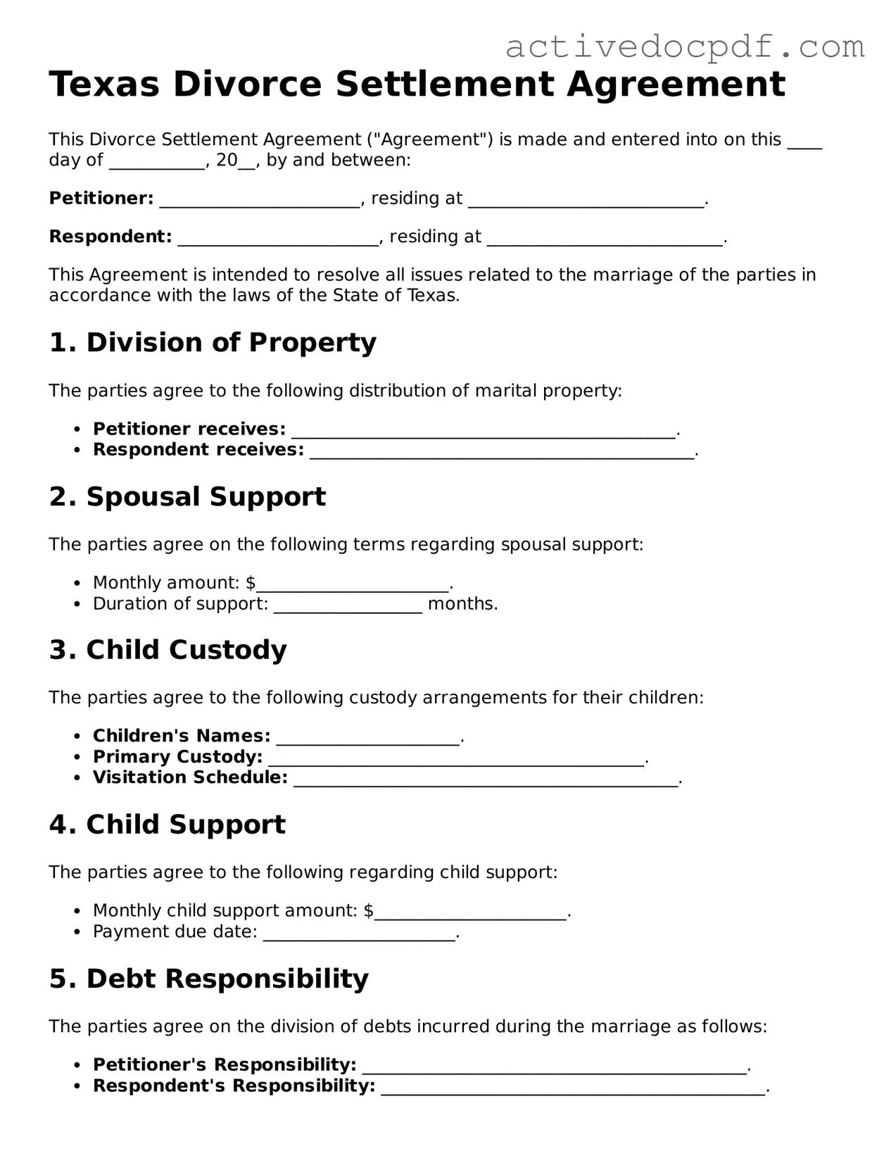Legal Divorce Settlement Agreement Document for Texas State