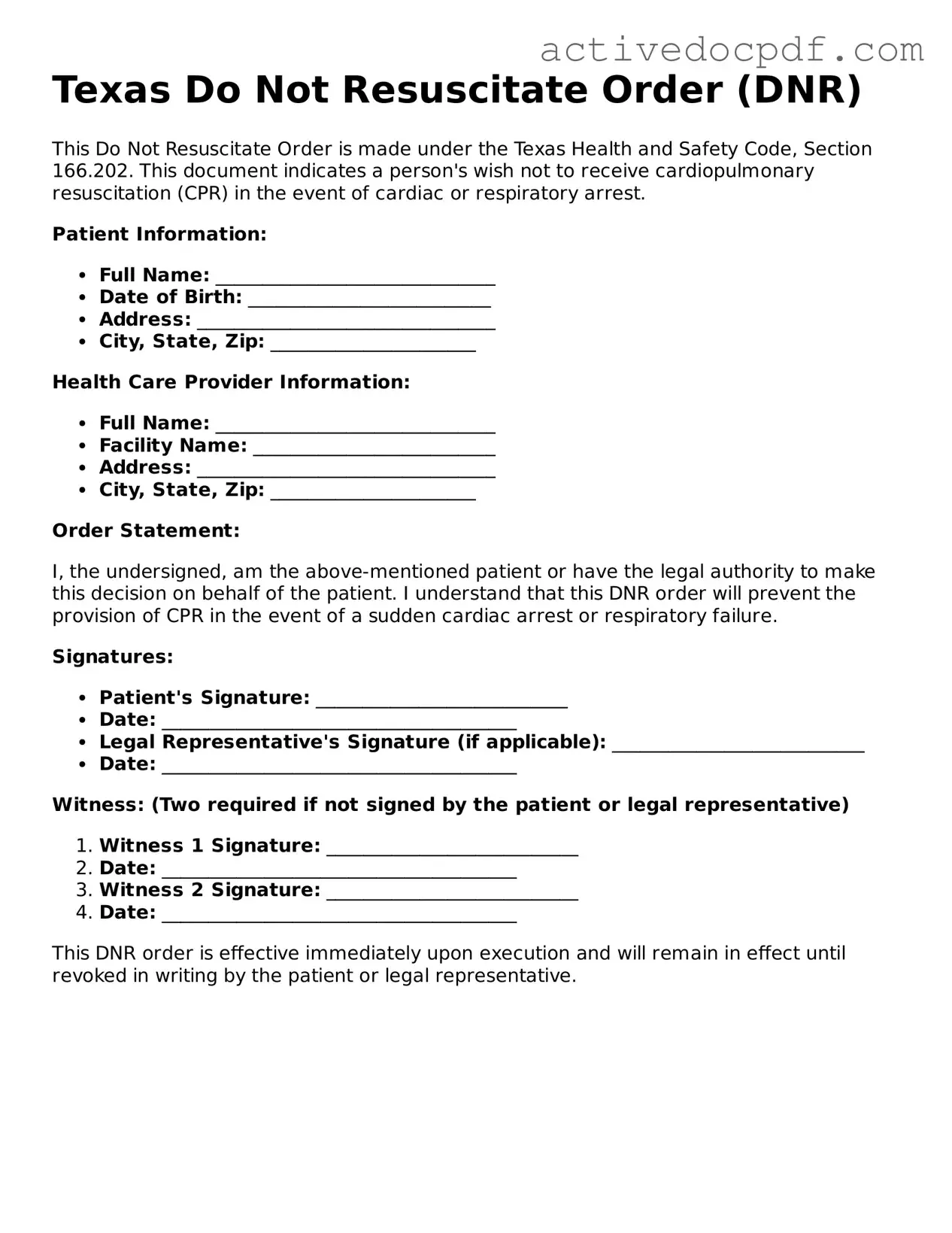 Legal Do Not Resuscitate Order Document for Texas State