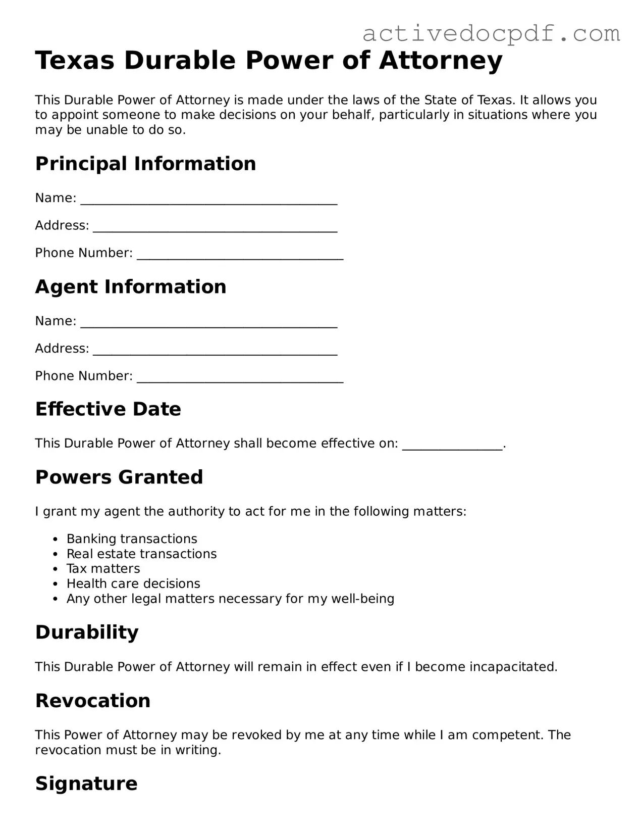 Legal Durable Power of Attorney Document for Texas State