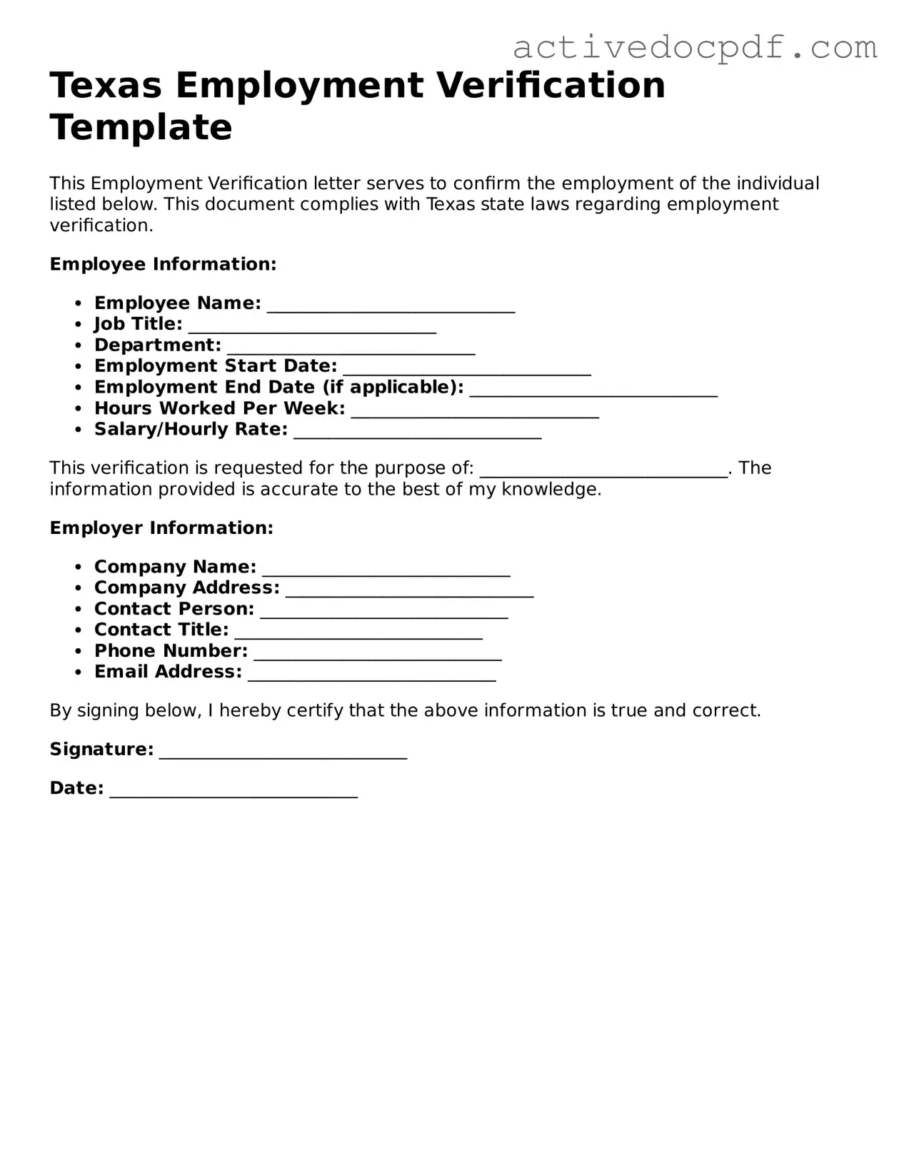 Legal Employment Verification Document for Texas State