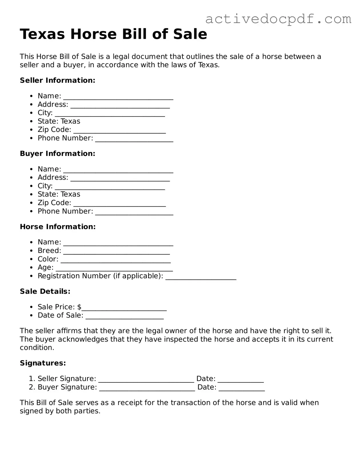 Legal Horse Bill of Sale Document for Texas State