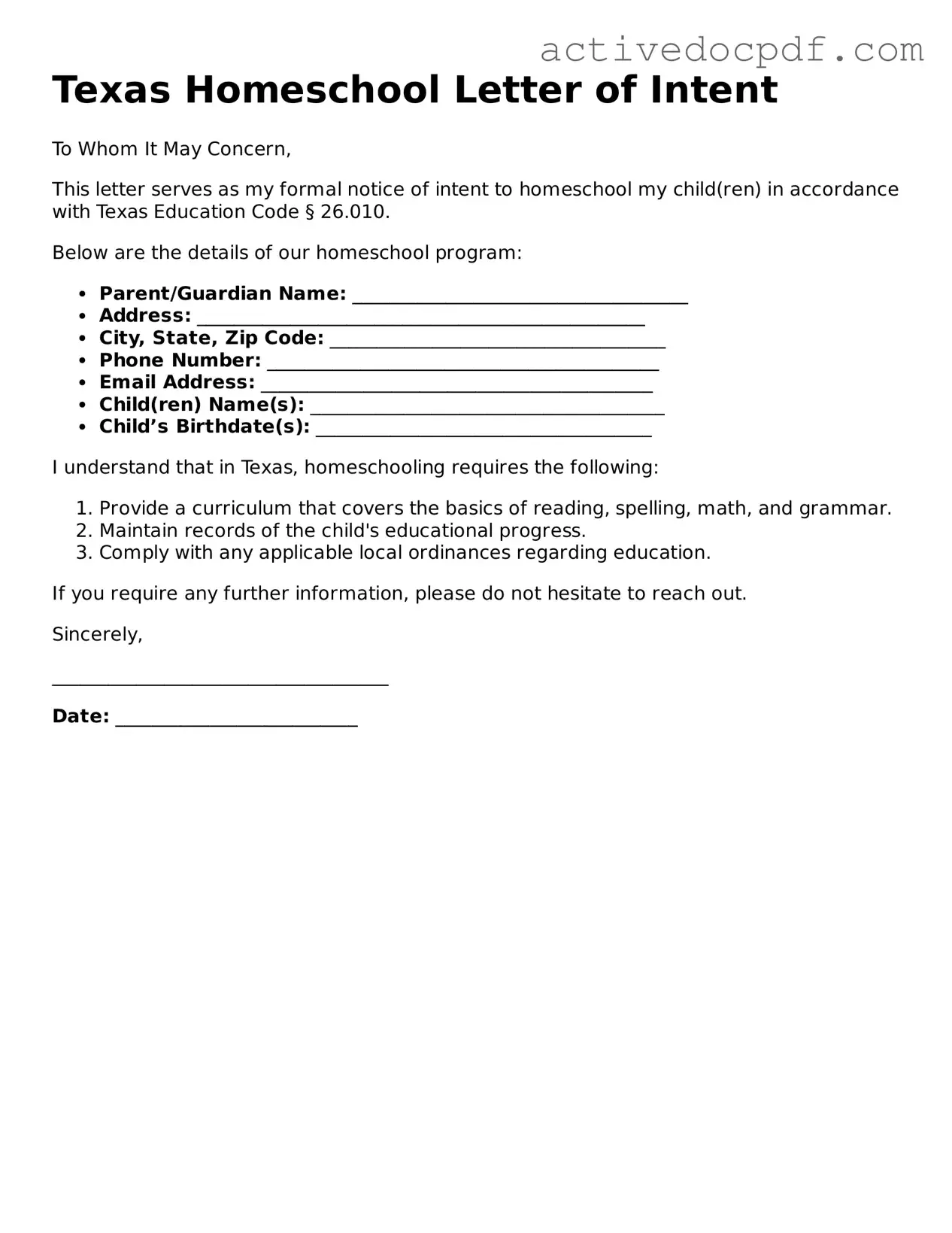 Legal Homeschool Letter of Intent Document for Texas State