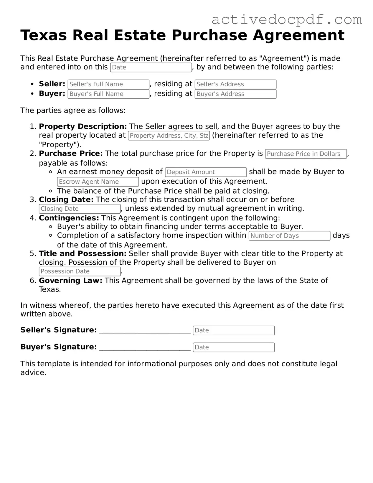 Legal Real Estate Purchase Agreement Document for Texas State