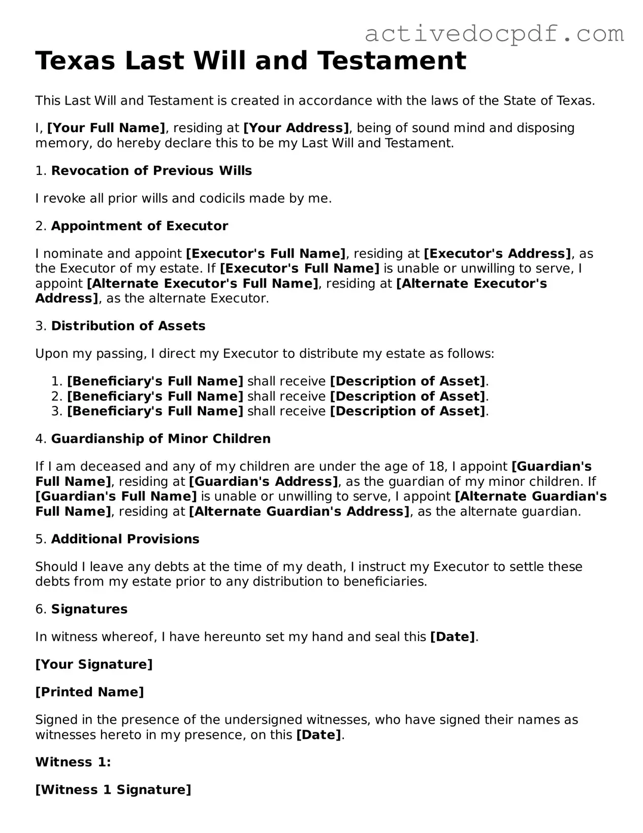 Legal Last Will and Testament Document for Texas State