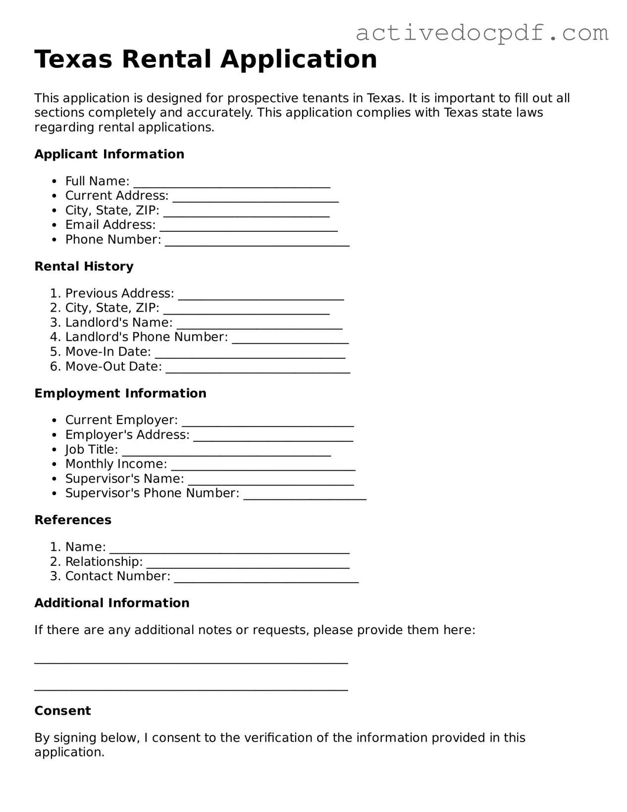 Legal Rental Application Document for Texas State