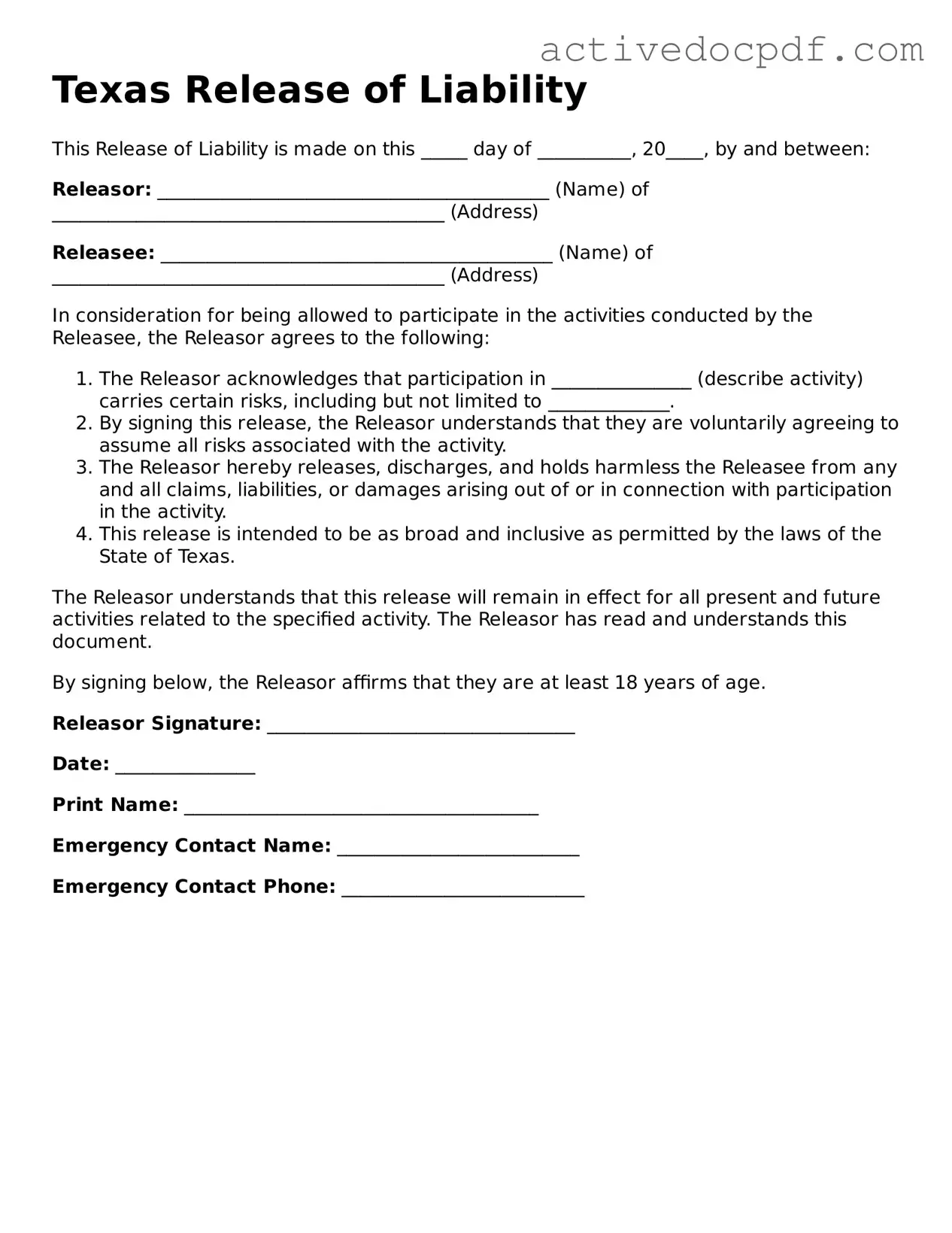Legal Release of Liability Document for Texas State
