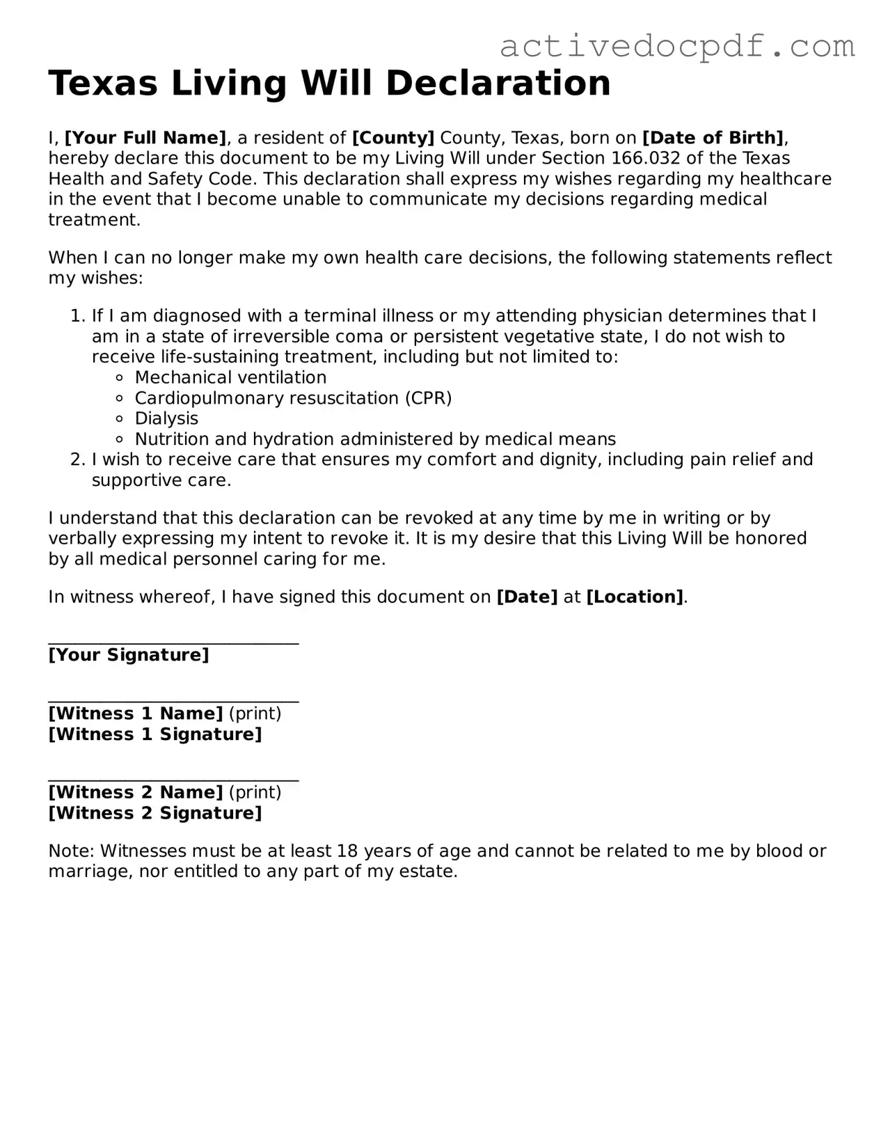 Legal Living Will Document for Texas State
