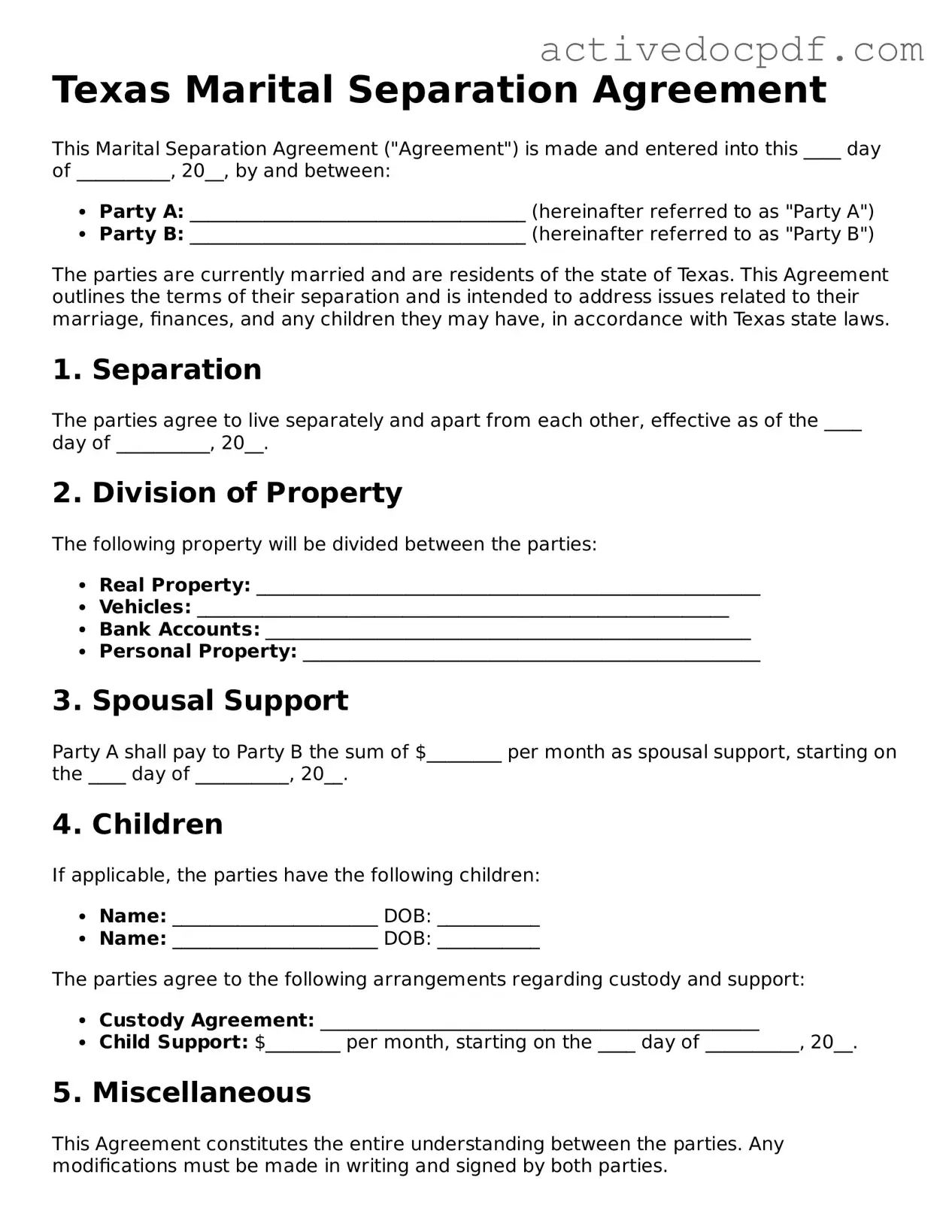 Legal Marital Separation Agreement Document for Texas State