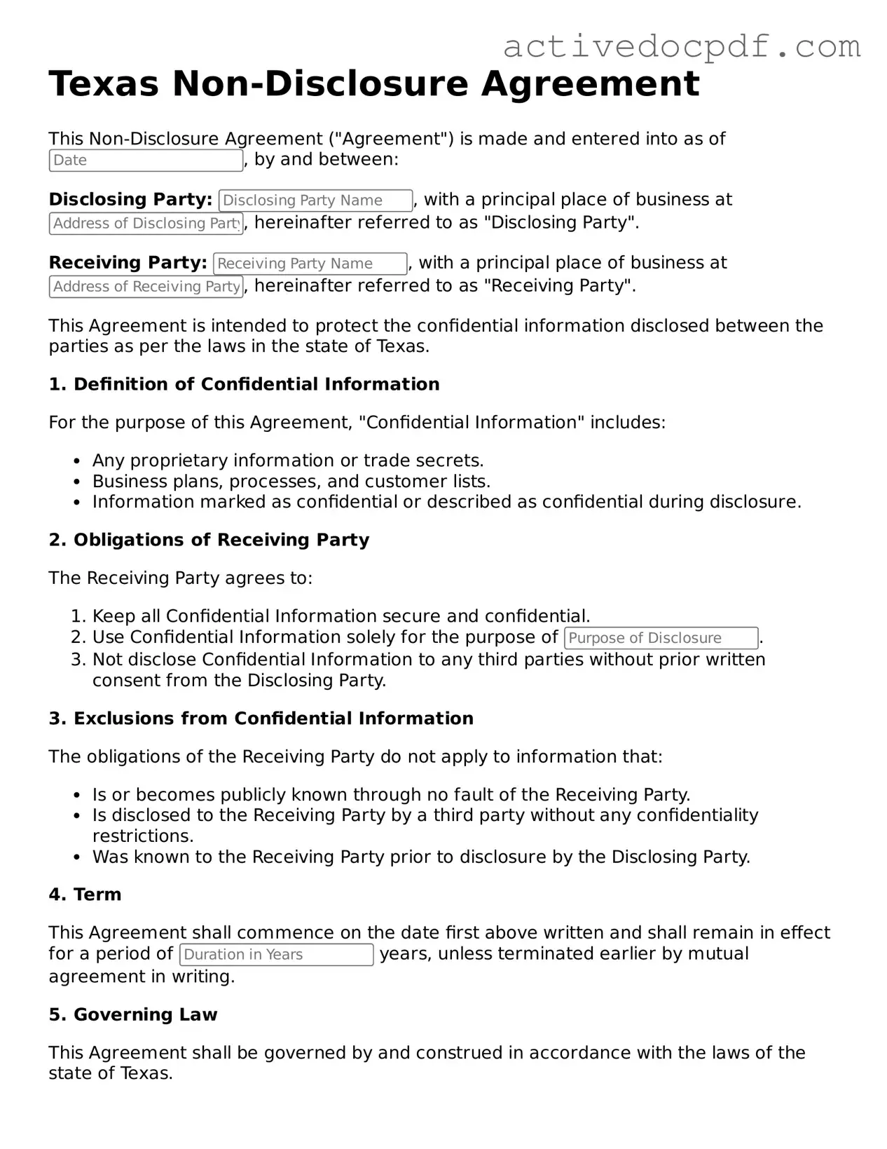 Legal Non-disclosure Agreement Document for Texas State