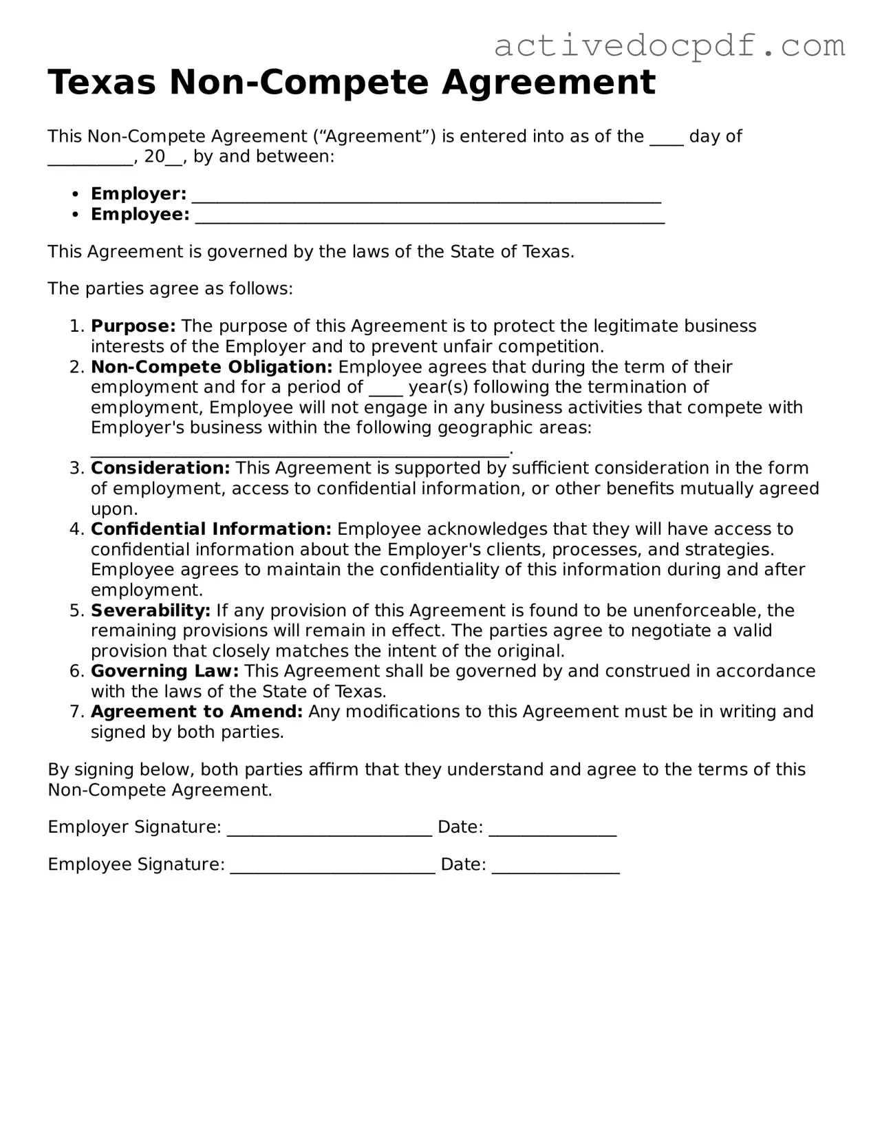 Legal Non-compete Agreement Document for Texas State