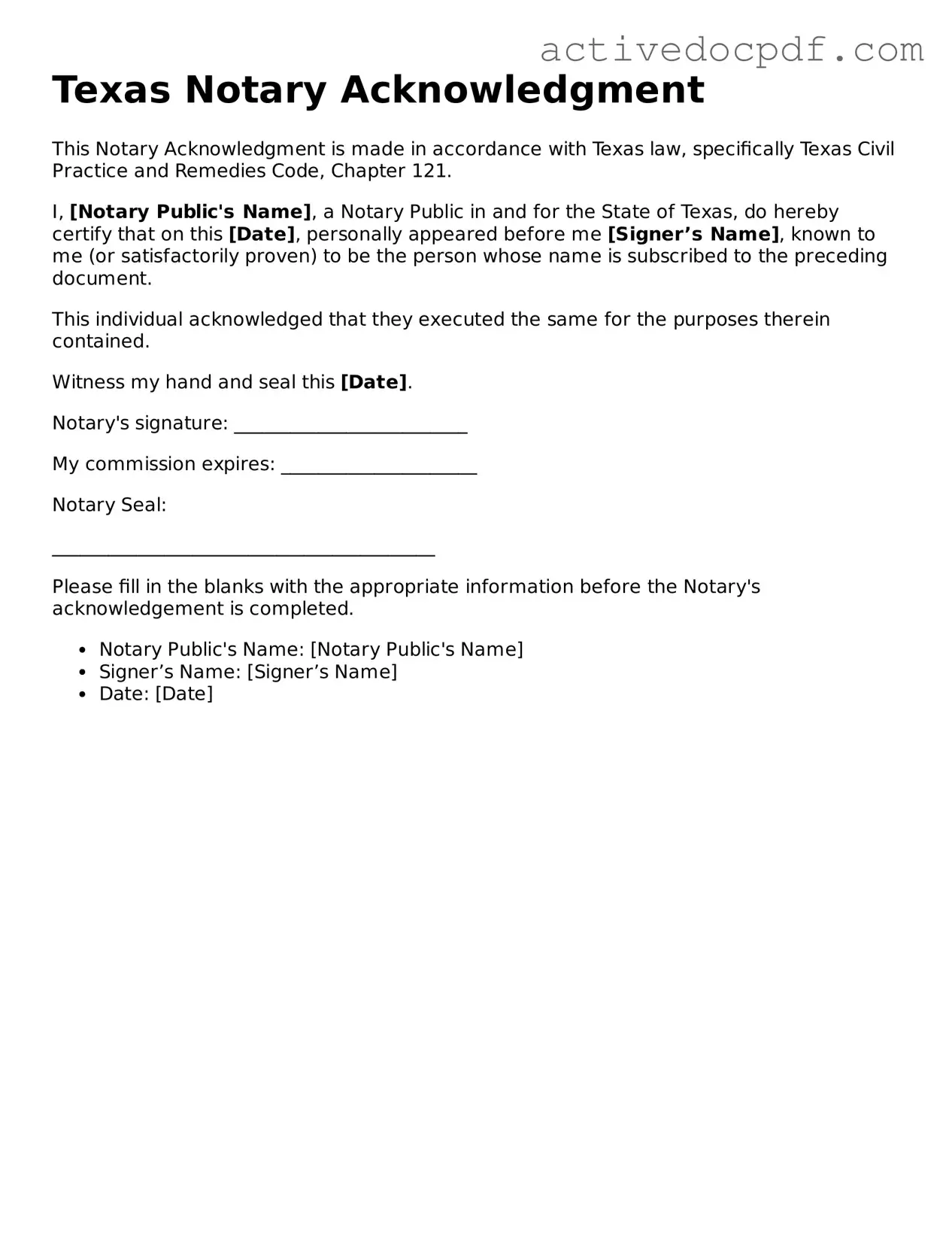 Legal Notary Acknowledgement Document for Texas State