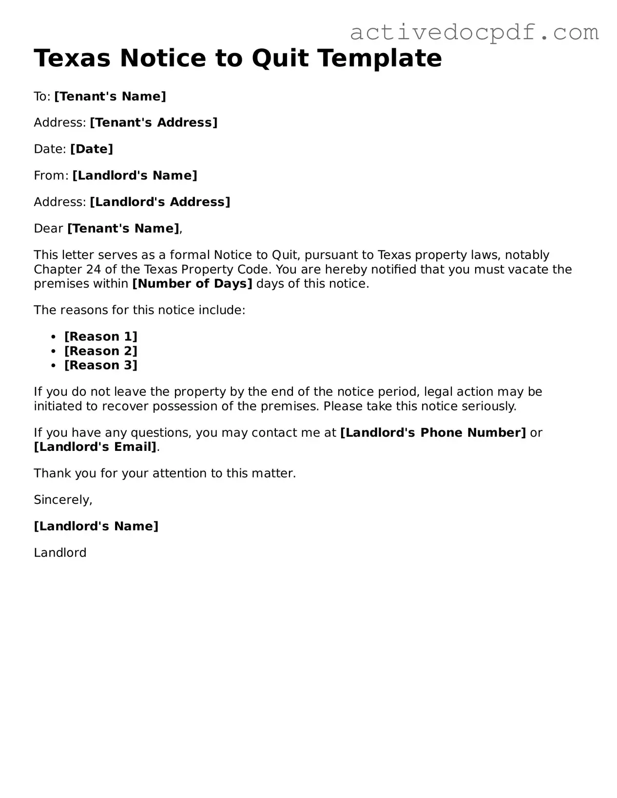 Legal Notice to Quit Document for Texas State