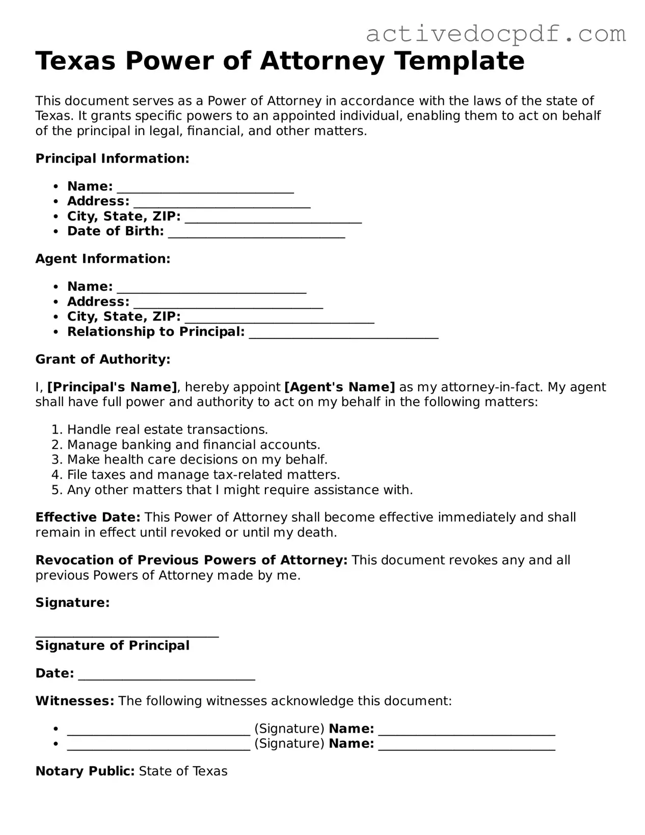 Legal Power of Attorney Document for Texas State