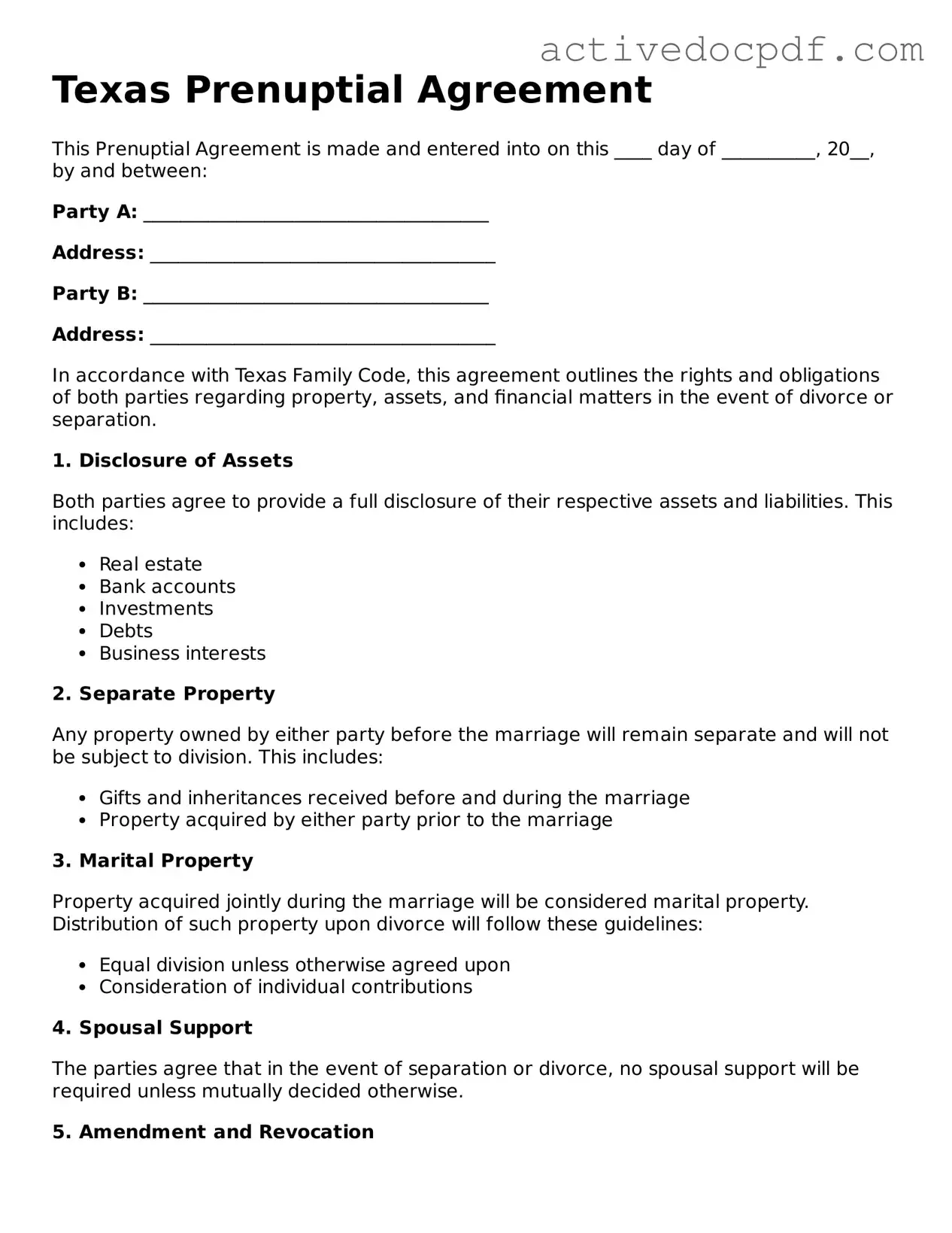 Legal Prenuptial Agreement Document for Texas State