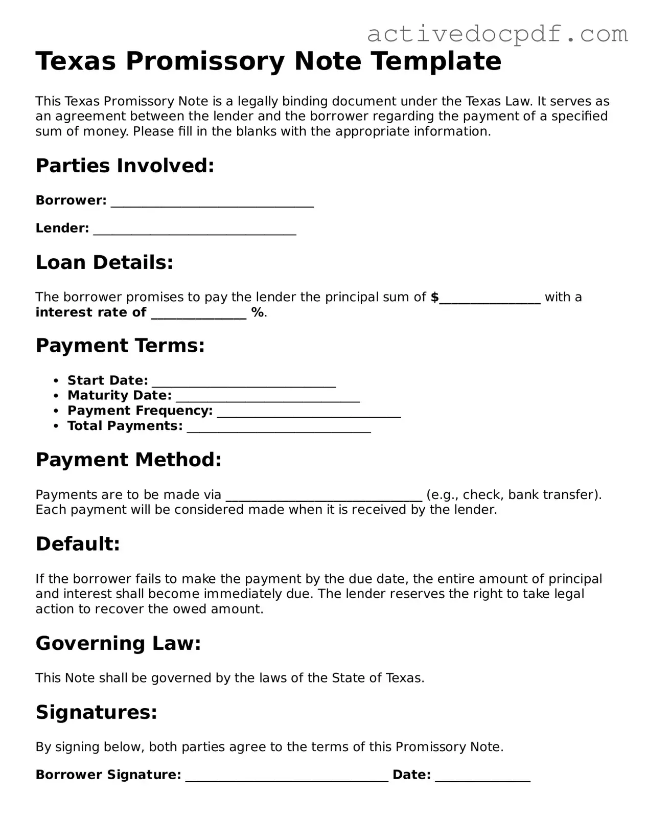 Legal Promissory Note Document for Texas State