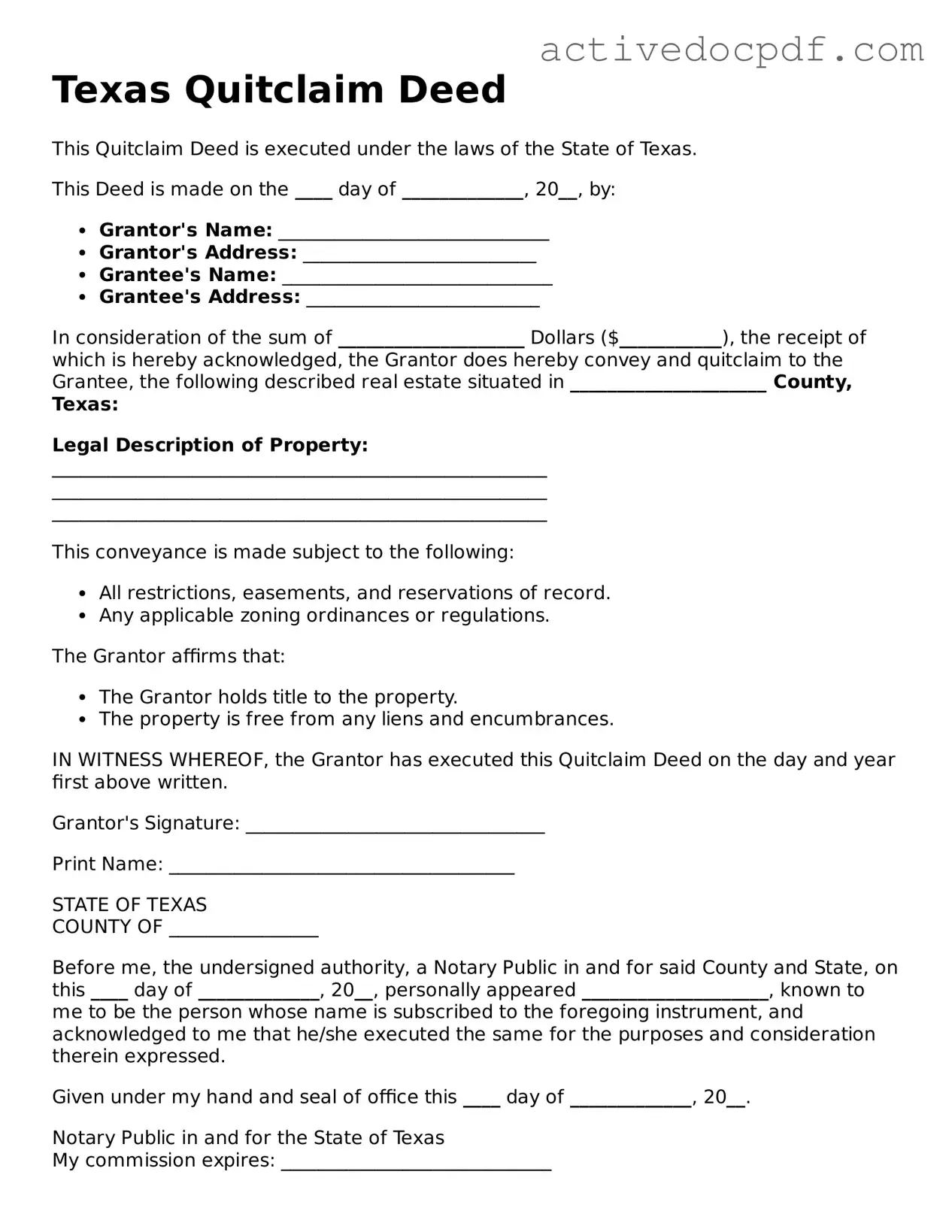 Legal Quitclaim Deed Document for Texas State