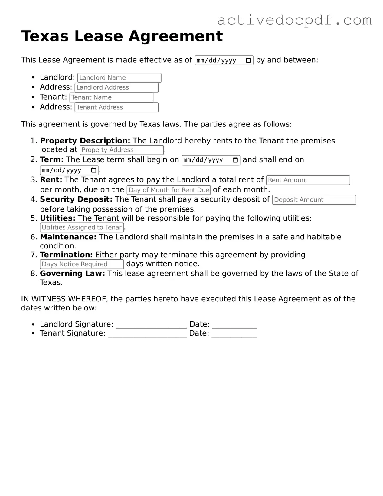 Legal Lease Agreement Document for Texas State