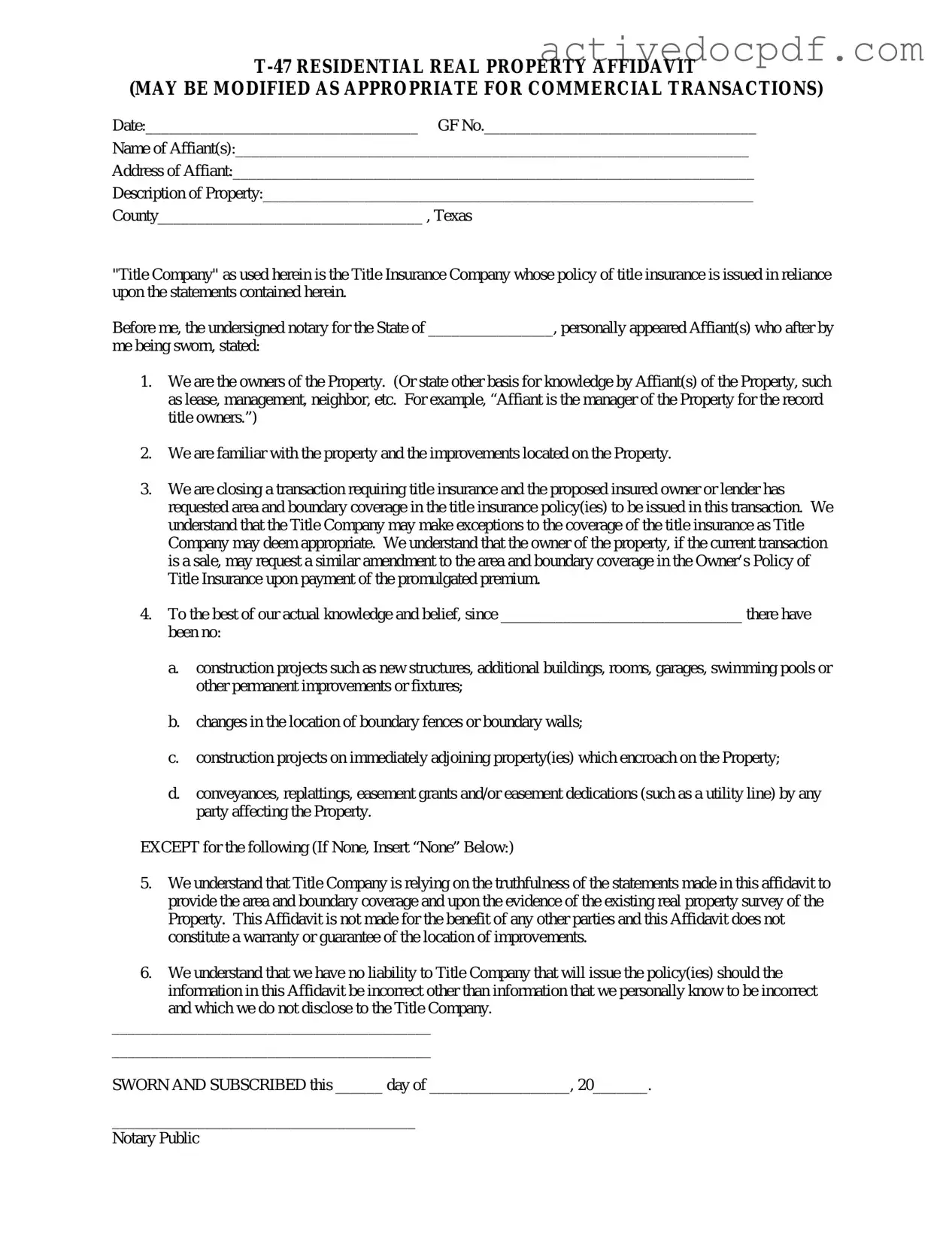 Free Texas residential property affidavit T-47 PDF Form