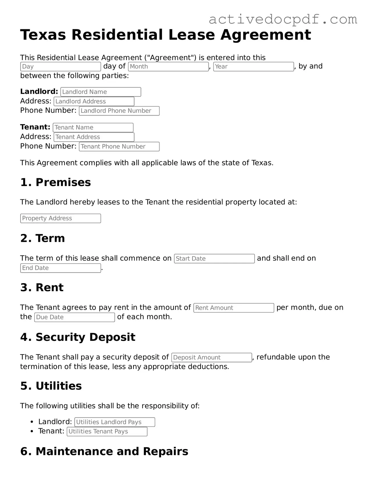 Legal Residential Lease Agreement Document for Texas State