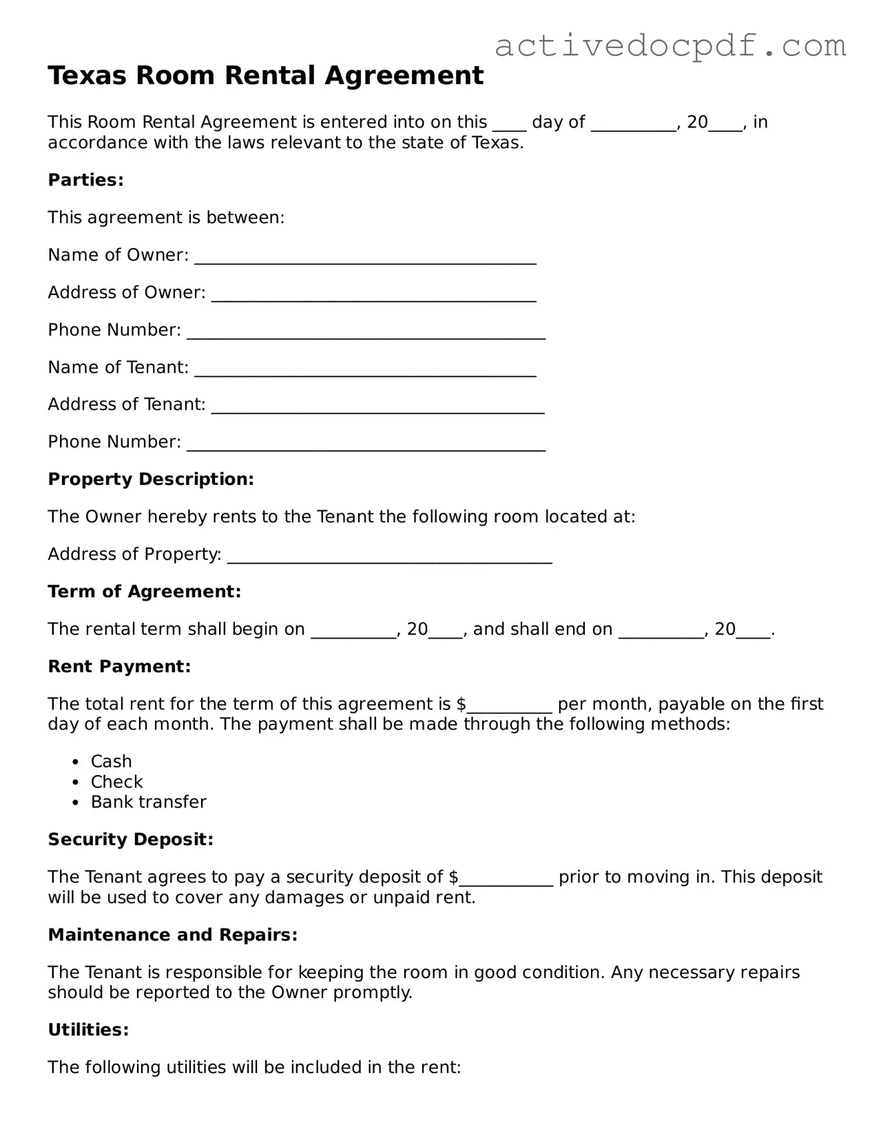 Legal Room Rental Agreement Document for Texas State