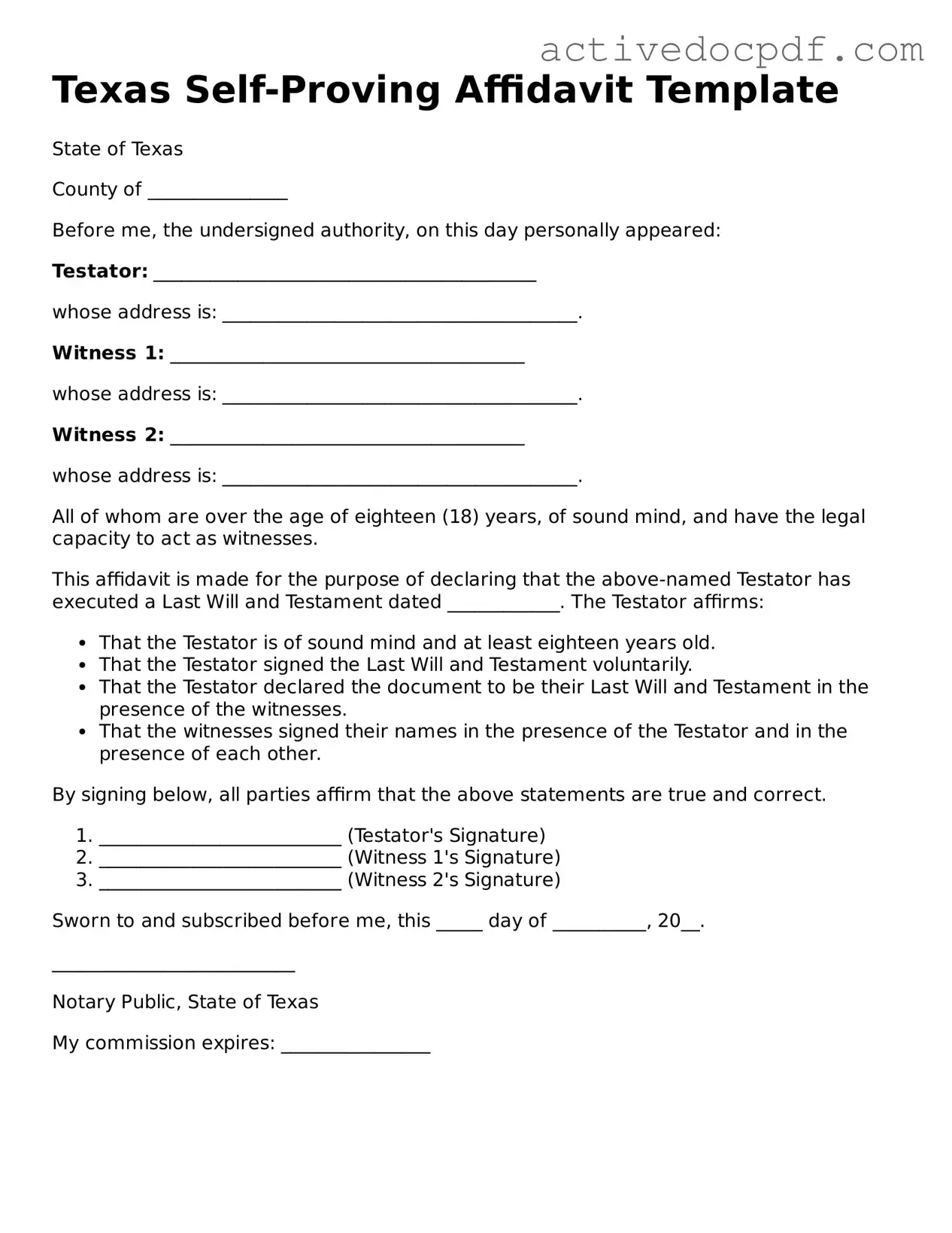 Legal Self-Proving Affidavit Document for Texas State