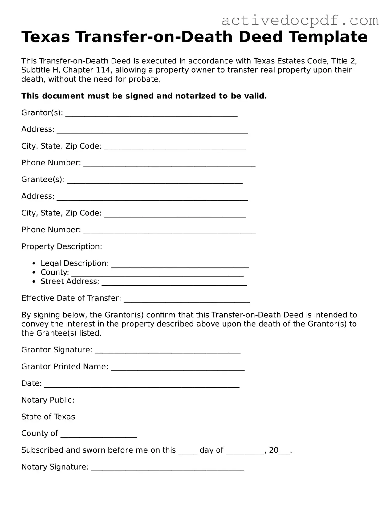 Legal Transfer-on-Death Deed Document for Texas State